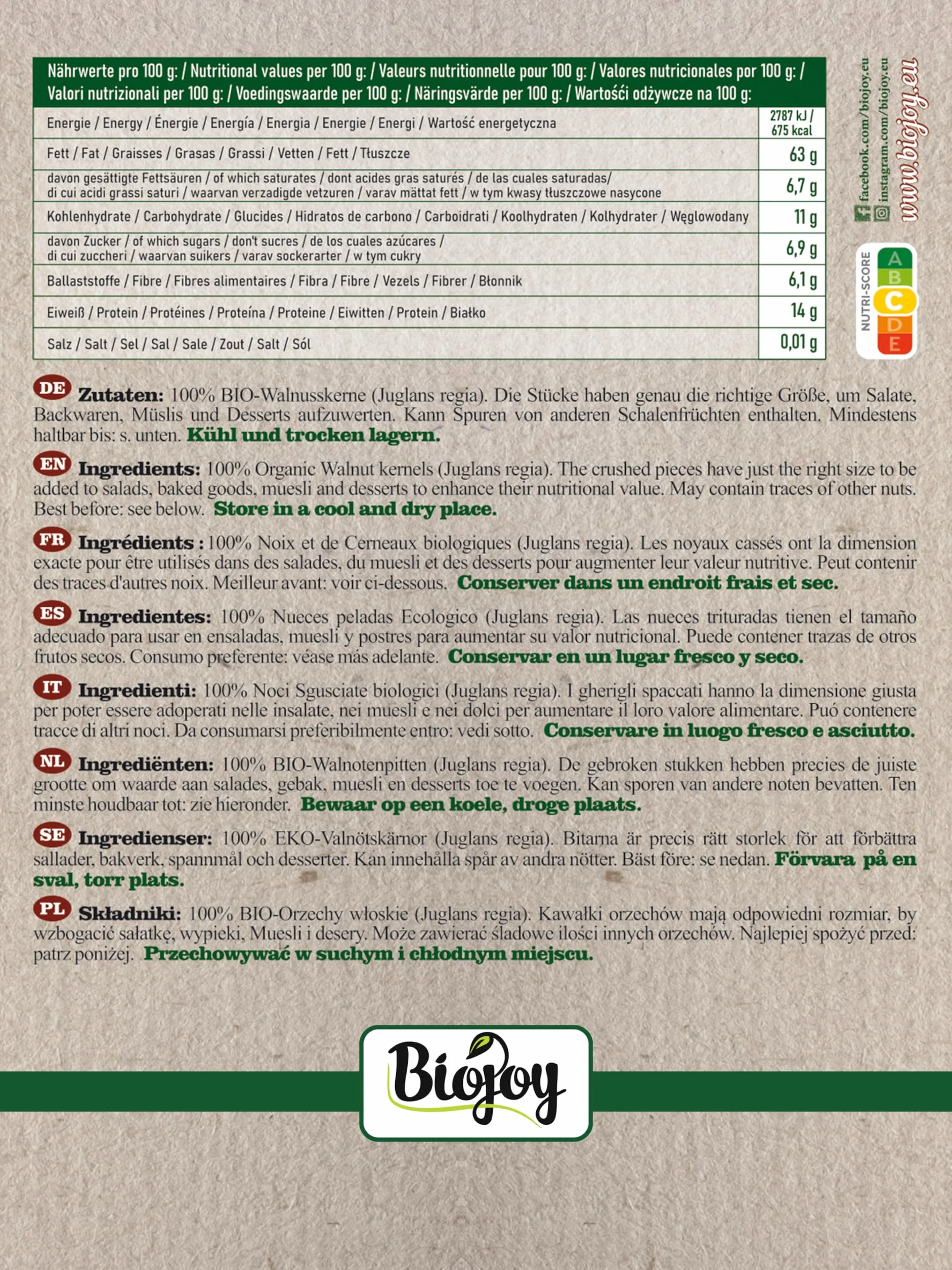 Biojoy Nueces Peladas Orgánicas 1 kg, crudas y trituradas, sin sal