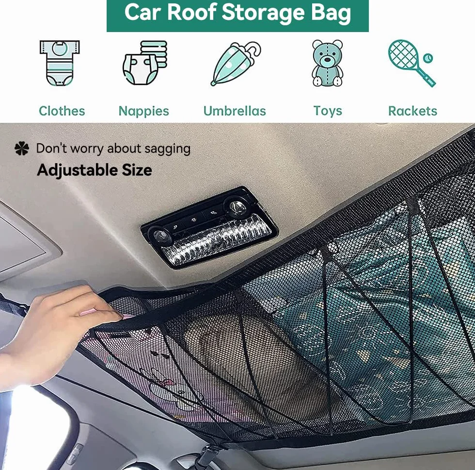 Red Techo Furgoneta Camper,90cmx65cm Organizador Bolsa de Red de Carga con Cremallera, Red Elastica con 2 Ganchos Ajustables, Almacenamiento de Viaje Largo para Jeep Van SUV