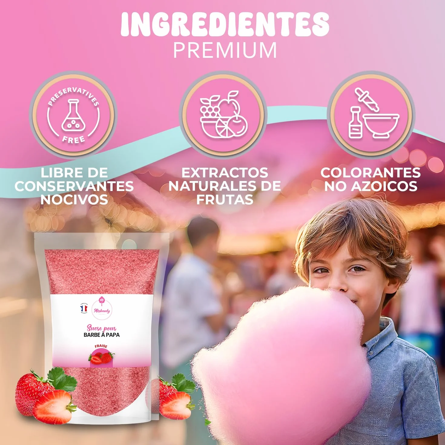 Misskandy Azúcar para Algodón de Azúcar Fresa 500GR Sabores Naturales