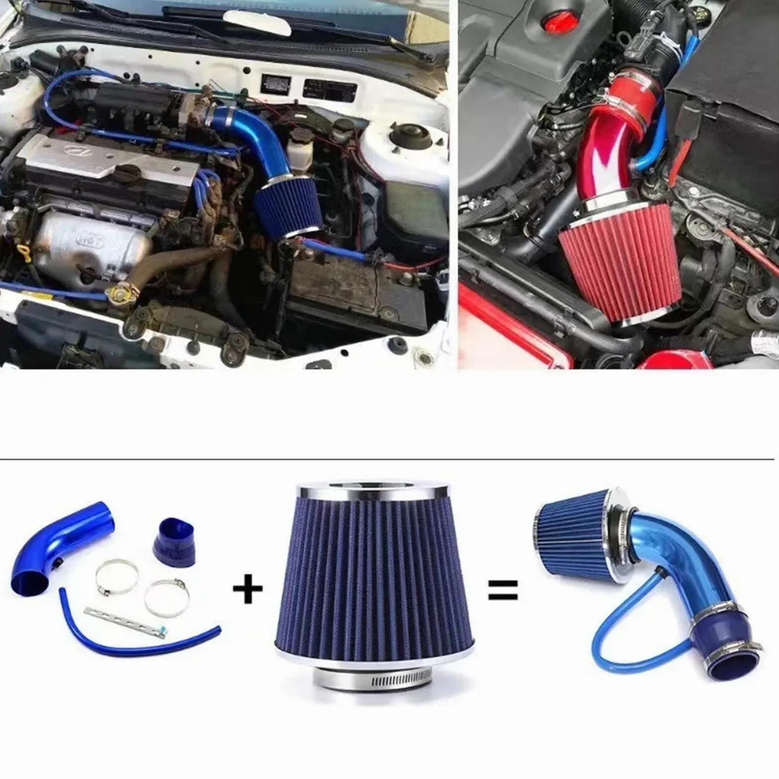 Engine Intake Pipe Adaptador de filtro aire para coche 3 pulgadas y 76 mm, tubo admisión aluminio con sistema, kit tubería turboalimentada(A set of Blue)