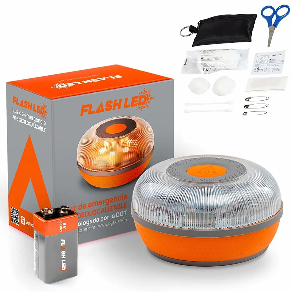 V16 Luz de Emergencia LED Homologada DGT 3.0 IP54 Base Imantada + Set Mini Primeros Auxilios