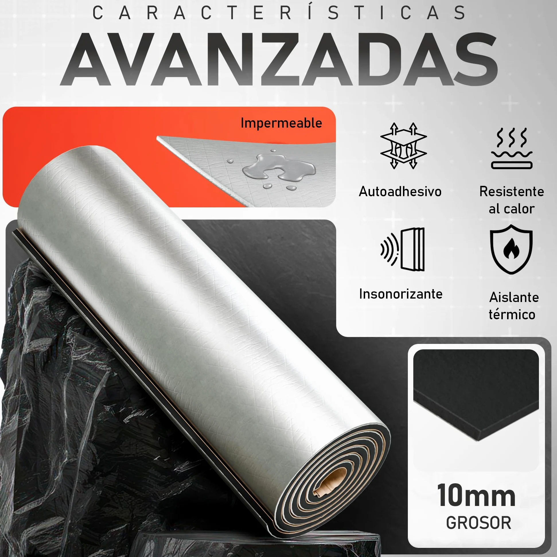 Aislante Termico Autoadhesivo 250 x 50 cm - 10mm Grosor | Aislante Acustico Coche | Perfecto para Coches, Furgonetas y Campers | Temperatura Máxima 110ºC / Mínima -50ºC