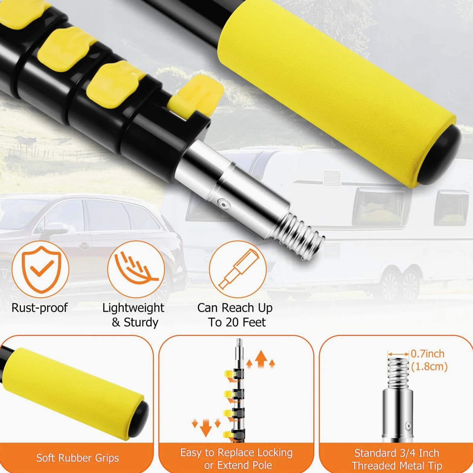 Cepillo de lavado de coche de 12 pies, cepillo de lavado de coche resistente con mango largo, poste de extensión multiusos de 3 a 12 pies con cepillo de cerdas ultra suaves de 10 pulgadas para