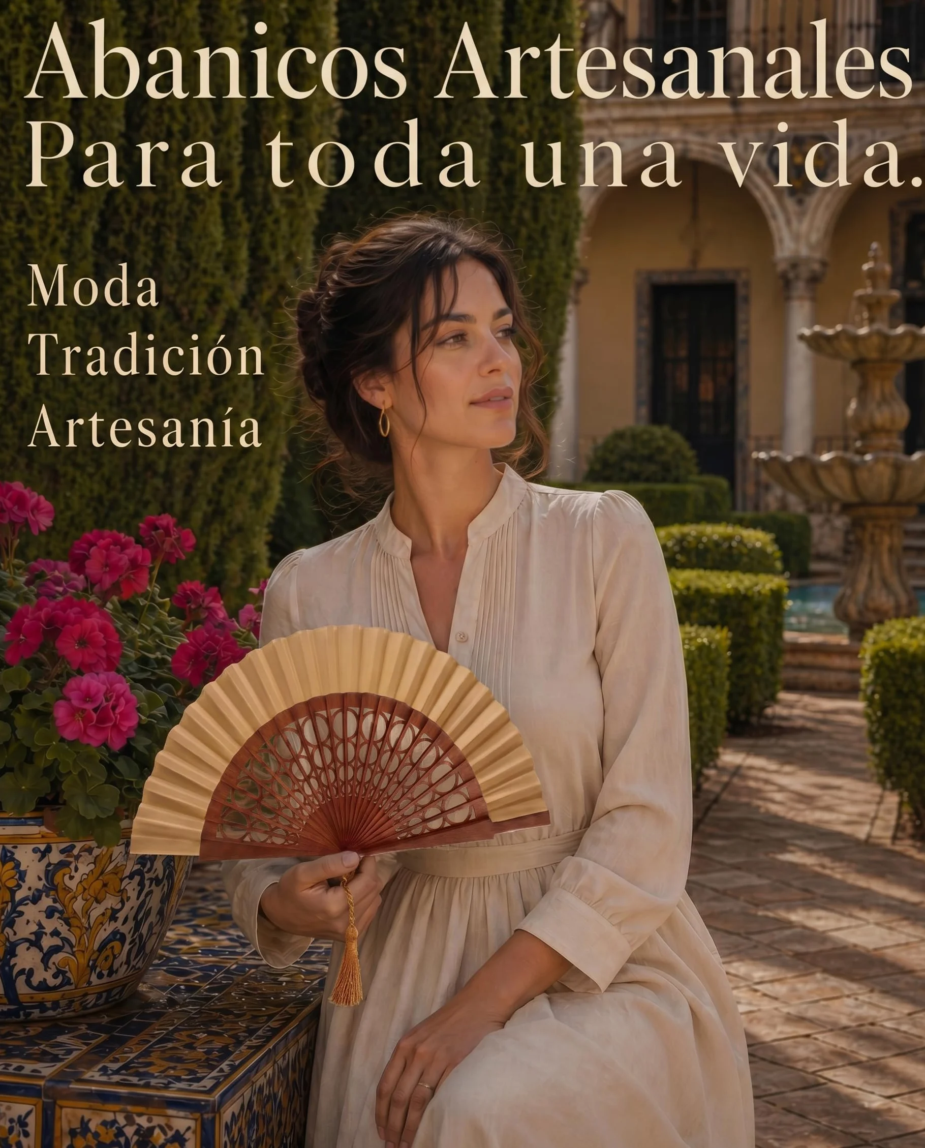 Abanico Español Artesanal 100% Algodón y Madera de Sipo Grande para Mujer Camel Esfera