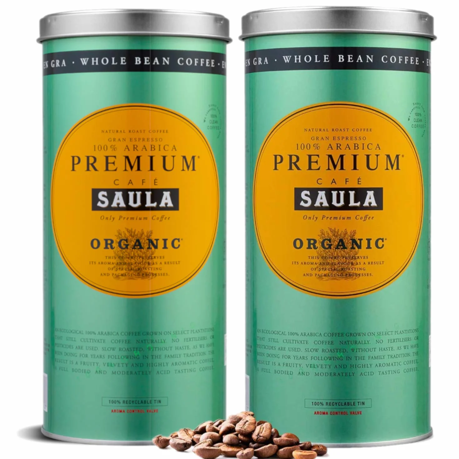 Café Saula grano Premium Ecológico 100% arábica Pack 2 botes 500 gr