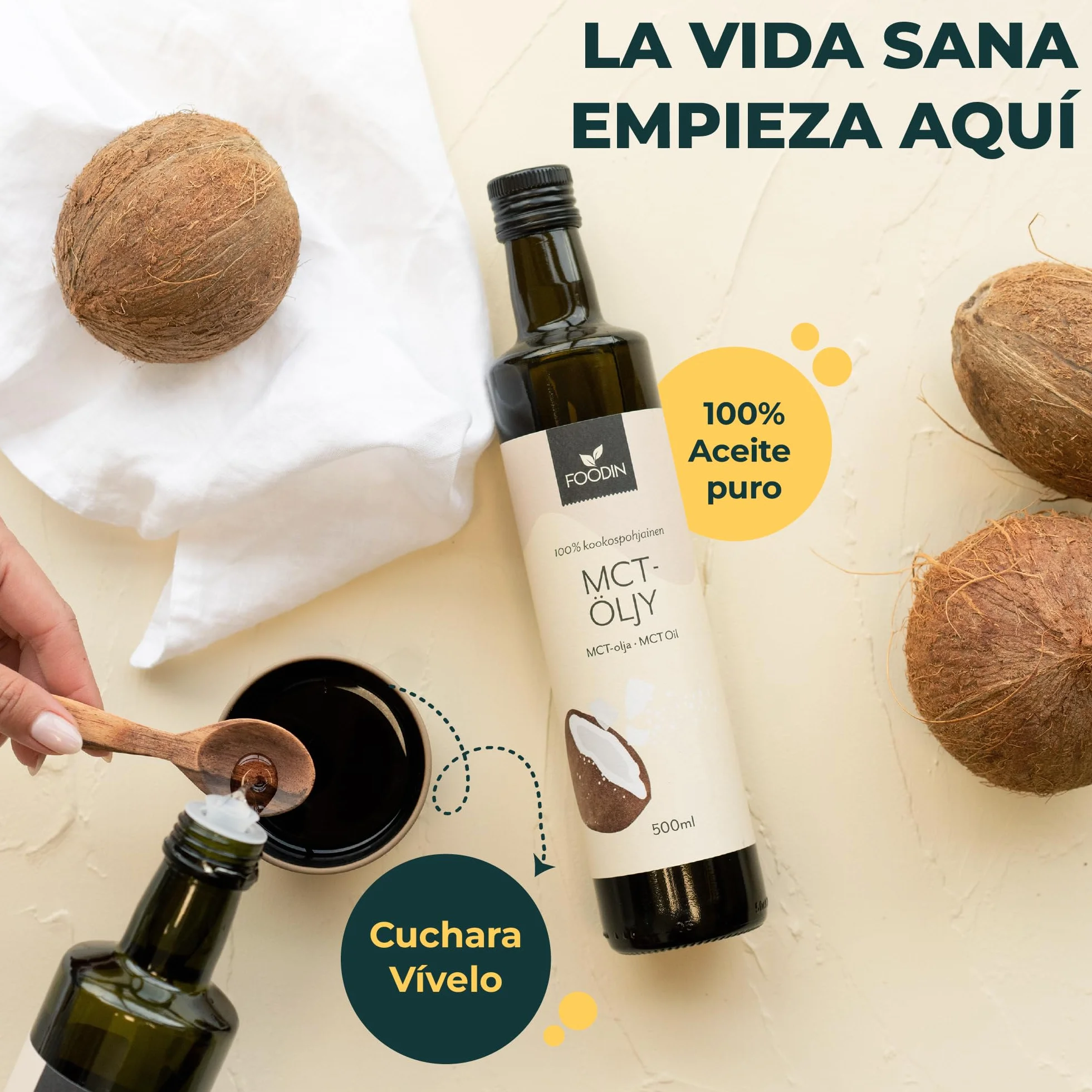 FOODIN Aceite MCT 1000 ml (2 x 500 ml) 100% aceite de coco, triglicéridos de cadena múltiple, vegano, sin gluten, para cetogénica