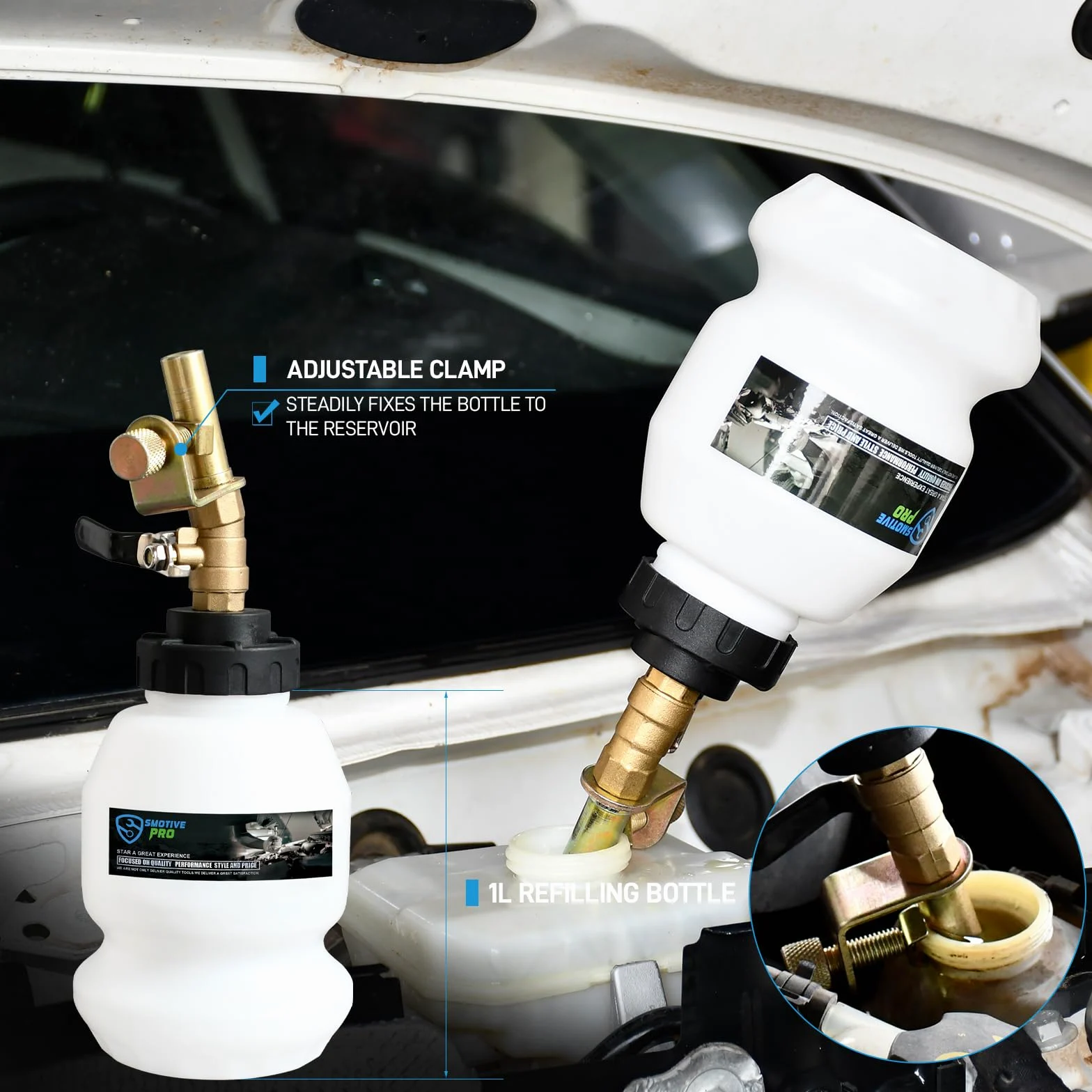 SMOTIVEPRO Kit de purga de frenos al vacío neumática de 3 litros, kit de purga de líquido de frenos con botella de recarga de 1 L y adaptadores de 16 CV para automóviles y motocicletas
