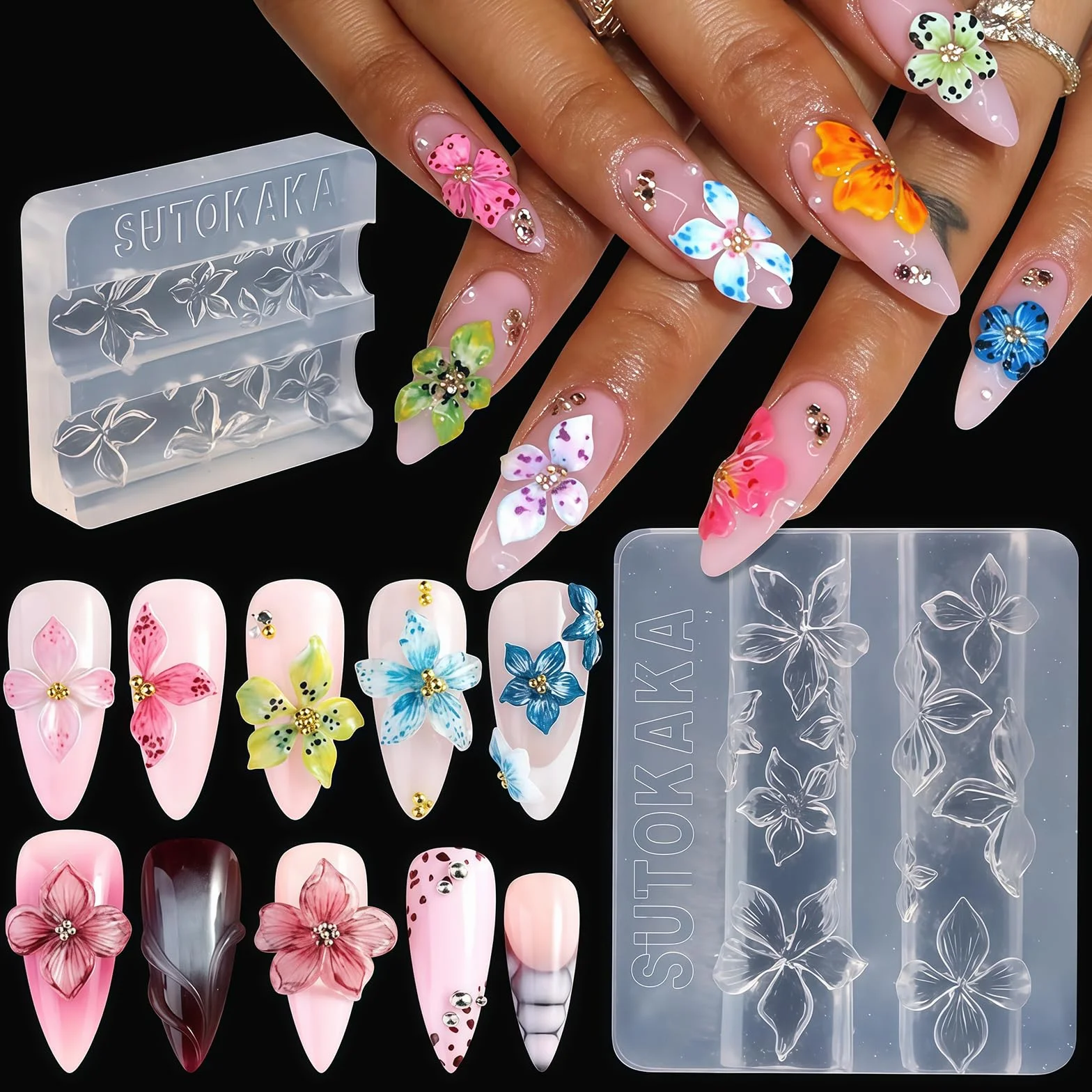 Nails Mold, Molde de estampado de uñas de silicona de flores, Sello de uñas 3D para manicura DIY