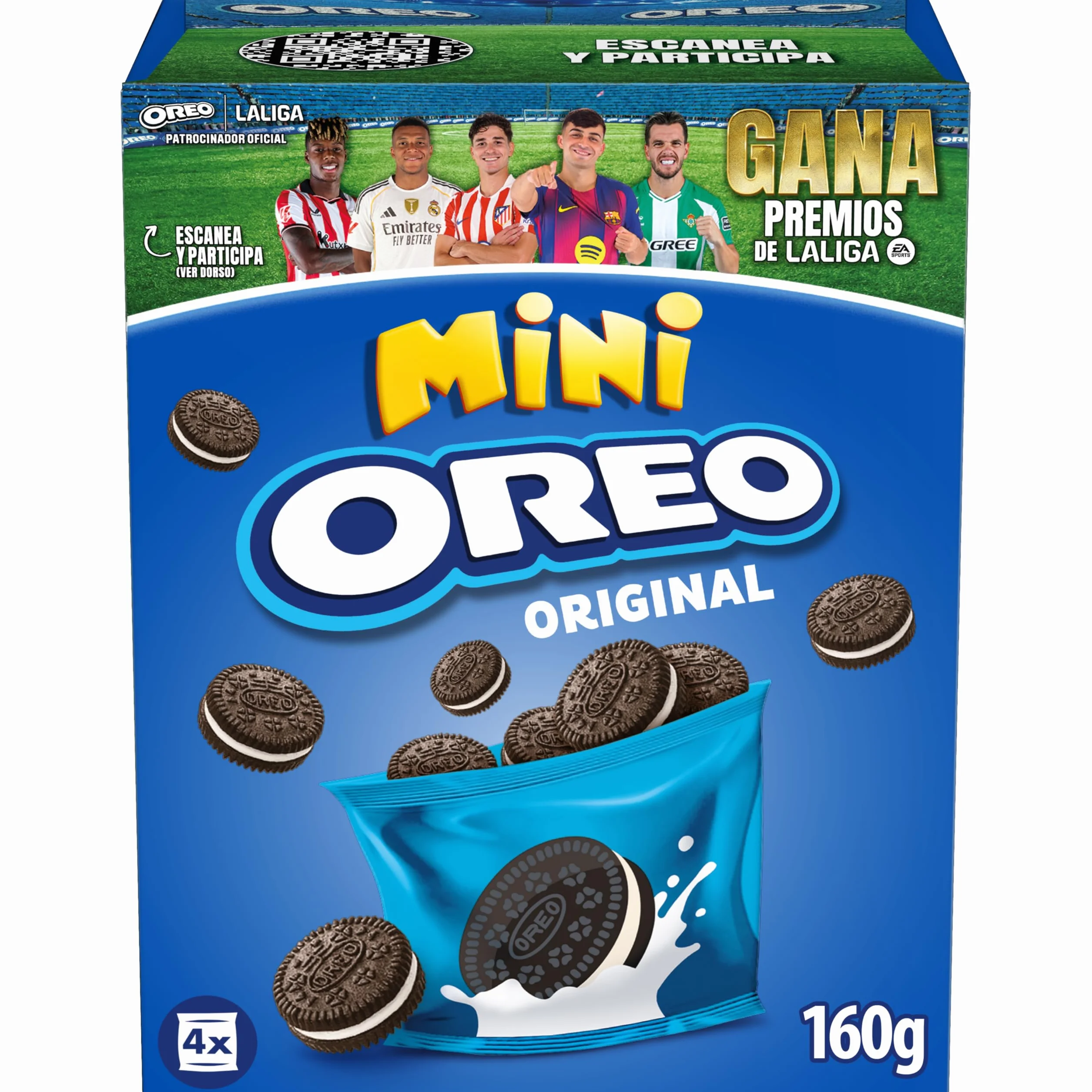 Oreo Mini Galletas de Cacao Rellenas de Crema Sabor Vainilla, Paquete 4 Bolsitas 160 g