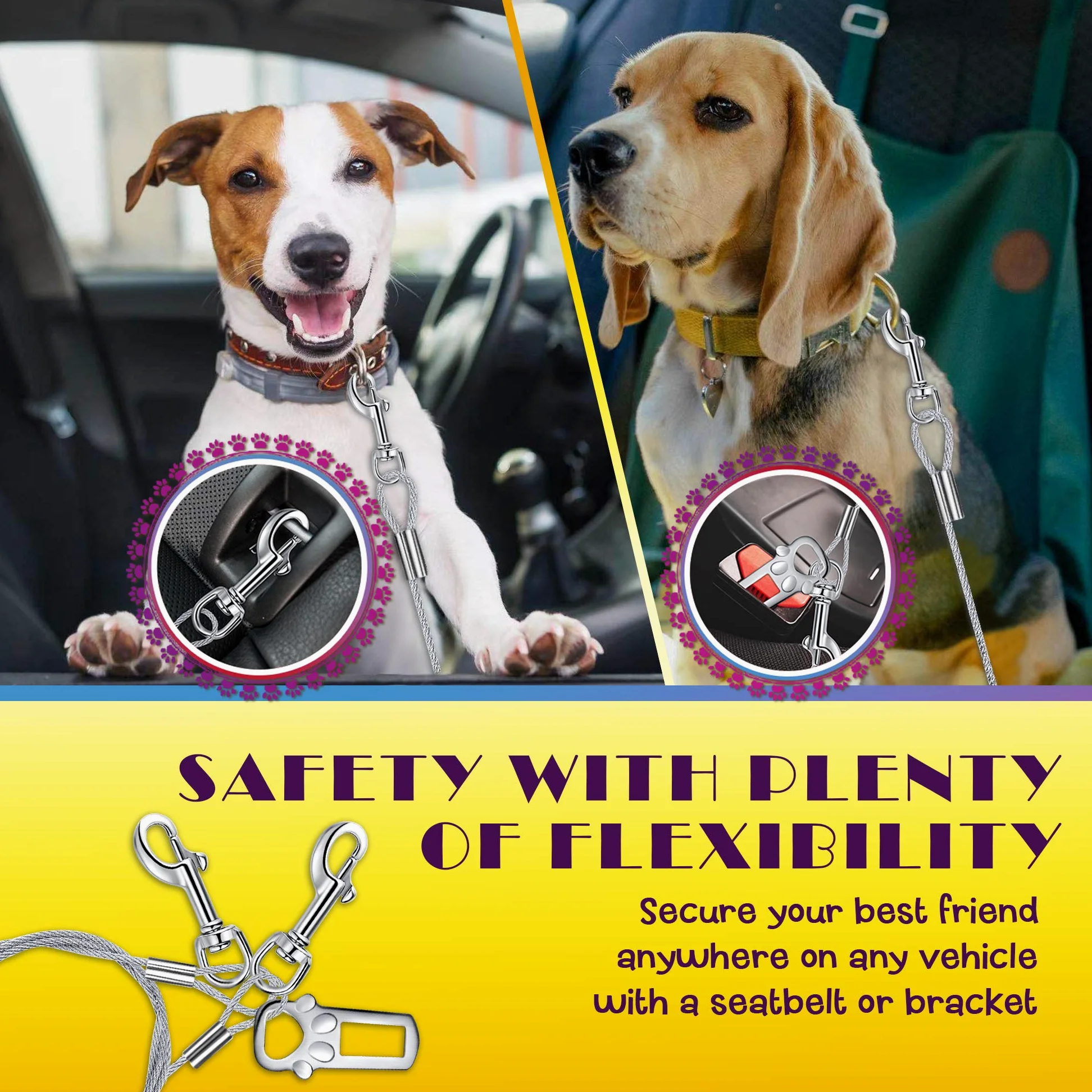Cinturón de seguridad para perro, a prueba de masticación/masticación, cinturón de seguridad para perro, cinturón de seguridad de vehículo para cachorros con doble clip y cierre – Acero