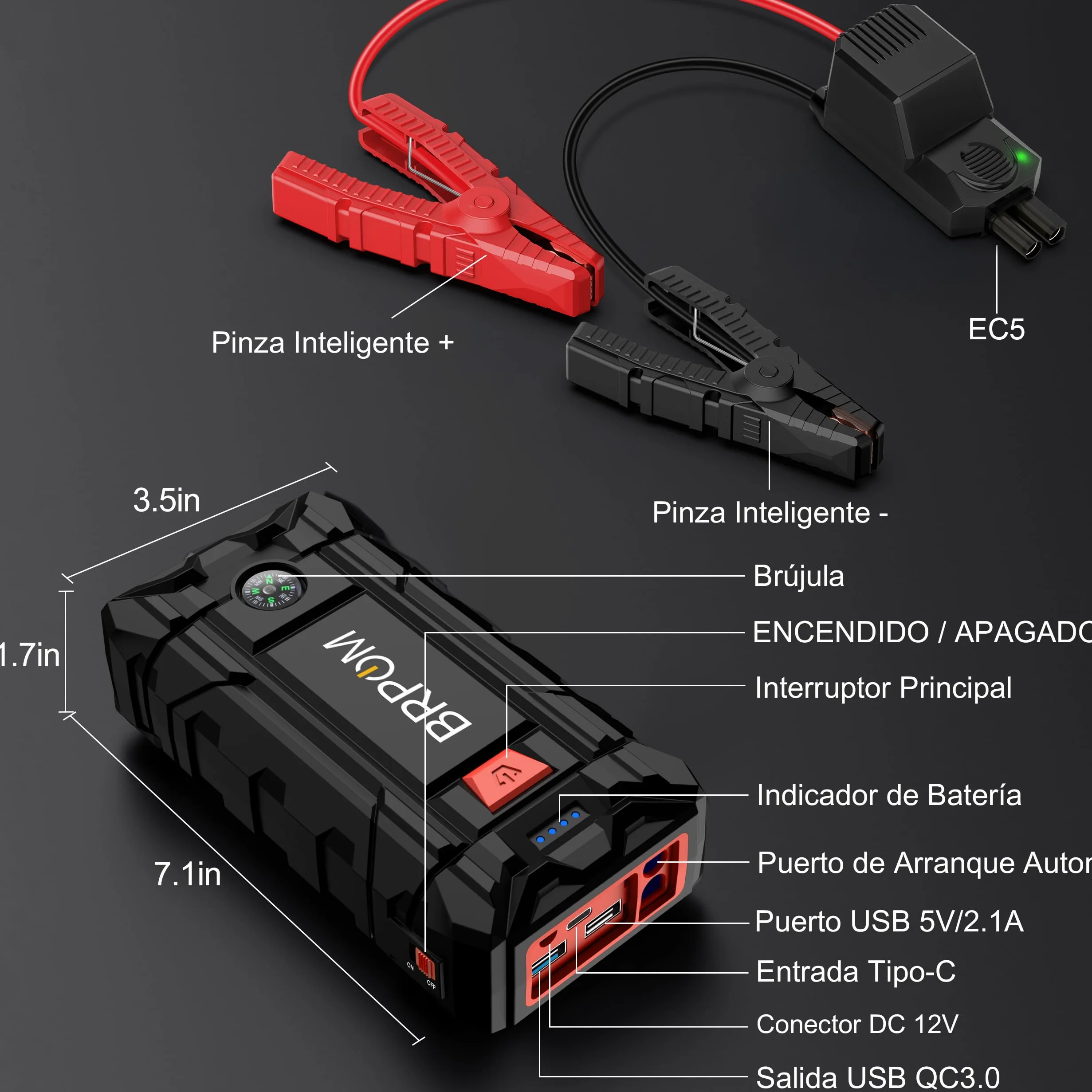 BRPOM Arrancador de Coches 10000A 12V Jump Starter Carga Rápida QC3.0