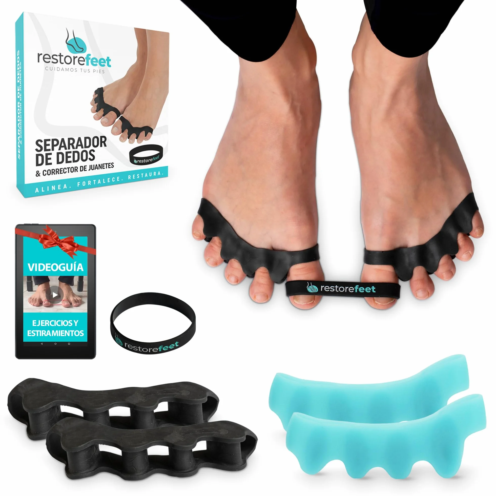 RestoreFeet Separadores de Dedos de los Pies, 2 pares + Banda Anti-Juanetes para Enderezar Dedos Torcidos, 0% BPA