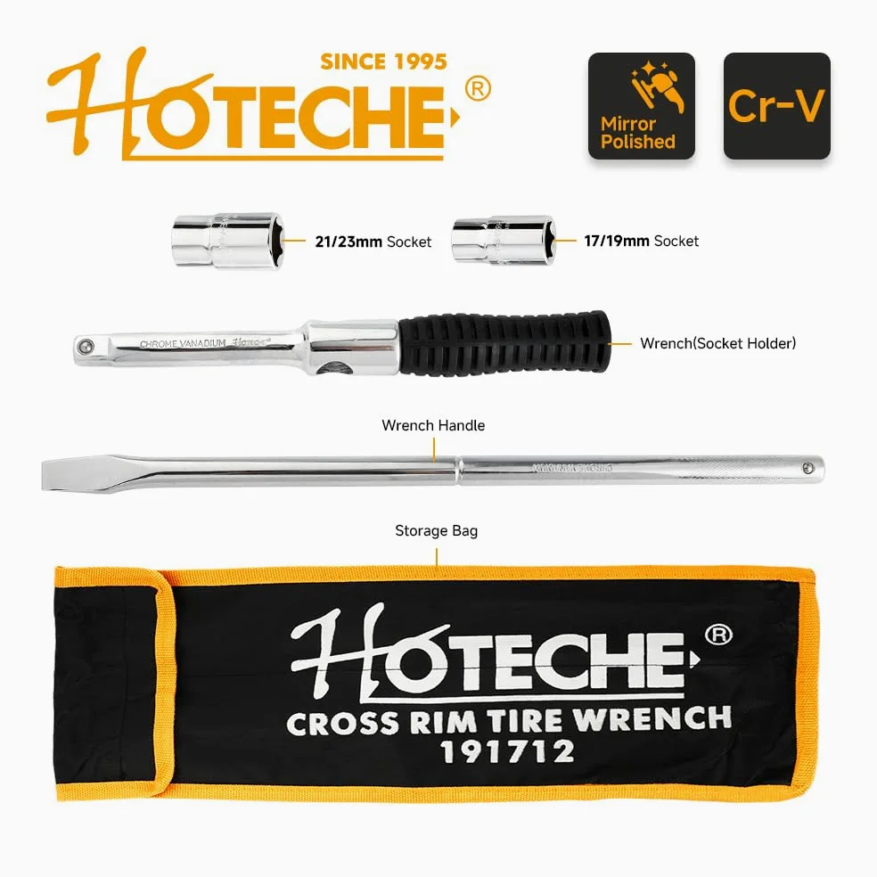Hoteche Llave combinada para tuercas de rueda, llave cruzada – Varilla CRV, acero al cromo vanadio, 17 x 19 y 21 x 23 tuercas, incluye bolsa de tela Oxford 600D, herramienta profesional de cruz para