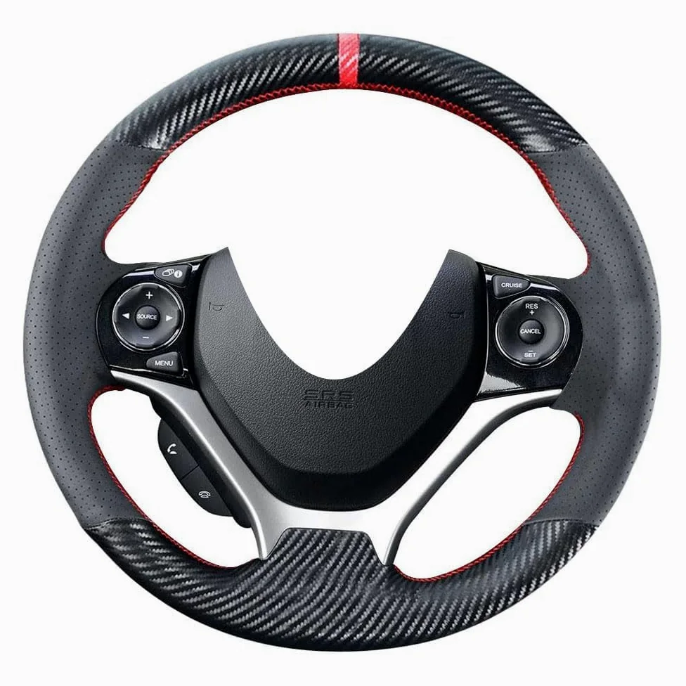 Funda de Volante de Fibra de Carbono para Honda Civic de 9ª generación 2012 2013 2014 2015 13.5-14.5 Pulgadas, Accesorios Interiores de Cuero de Microfibra Negra