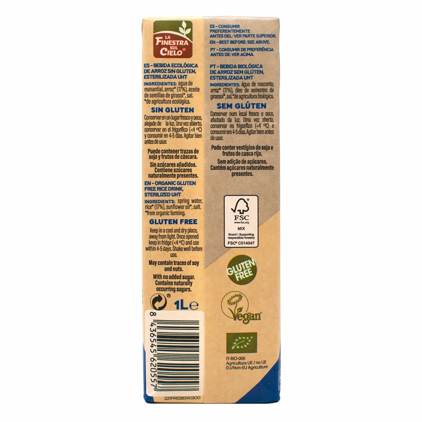 Bebida de arroz BIO gluten free La Finestra sul cielo 1l