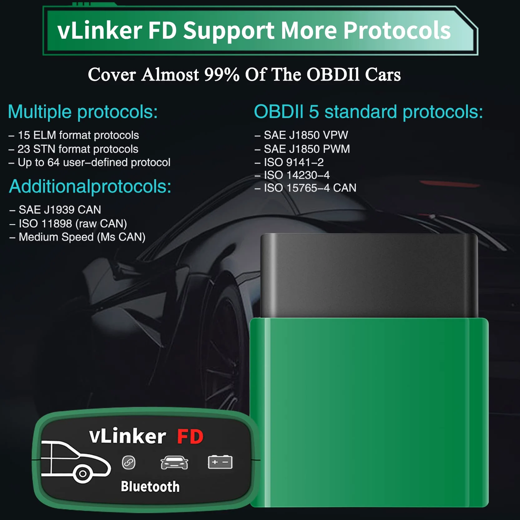 vLinker FD OBD2 Bluetooth Lector de códigos de Coche, OBD2 Escáner de diagnóstico para Android & Windows - Hecho para FORS-Can
