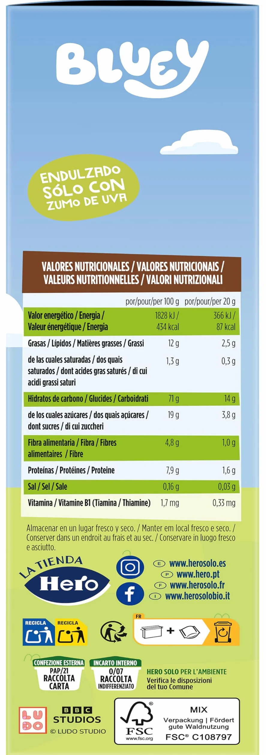 Hero Solo Galletas Infantiles de Cacao Bluey Snack Cereales Integrales Zumo de Uva Fibra 100g x 6uds