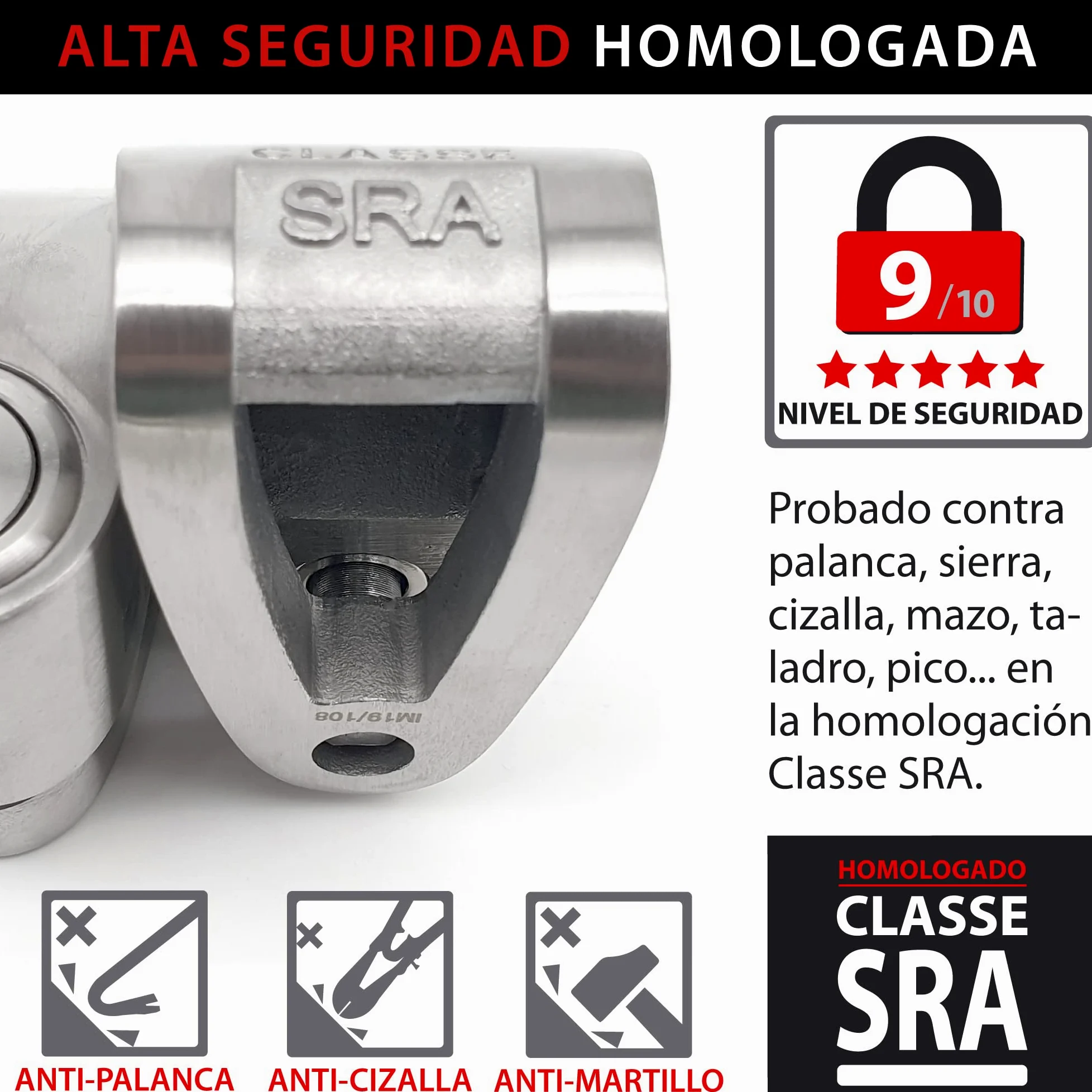 KRASER KR114S Candado Moto Disco Homologado SRA, Doble Bloqueo ø14mm +Ligero, Cerradura Acero Inoxidable Alta Seguridad, Cable Recordatorio, Antirrobo Motocicleta Pinza Scooter, Bicicleta Eléctrica