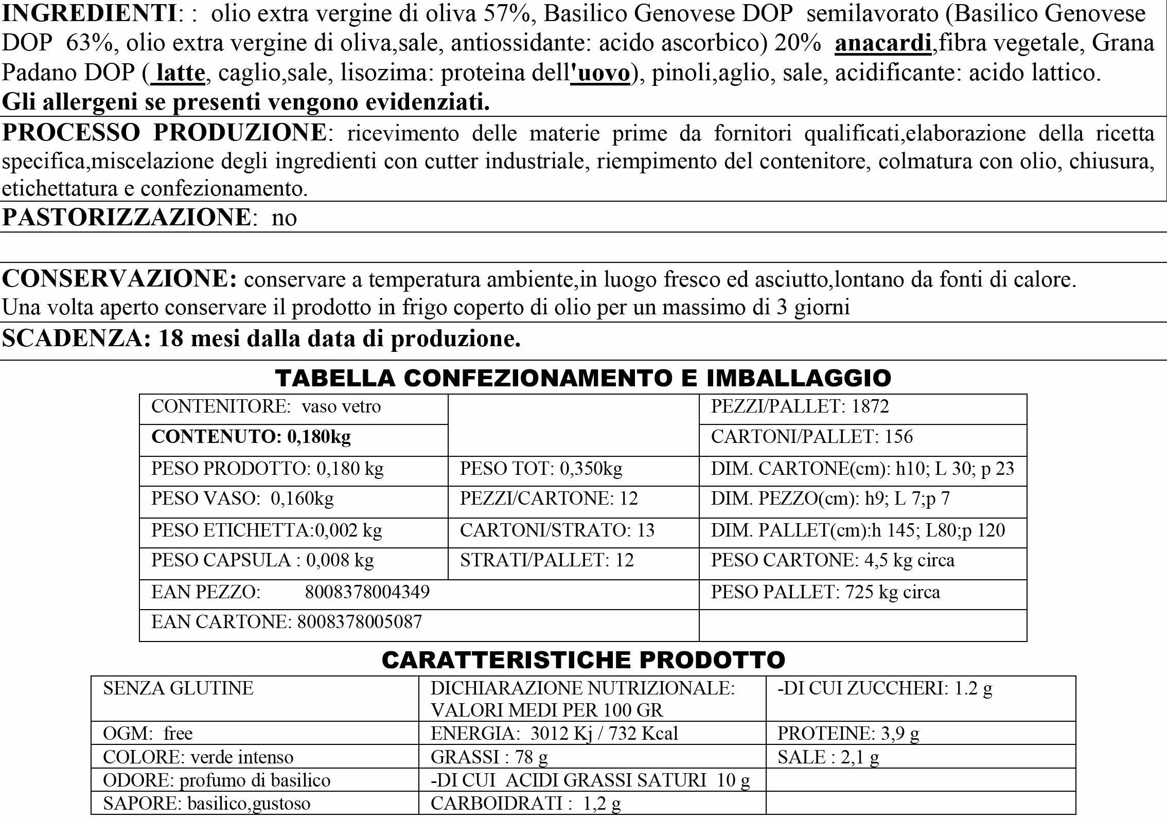 Pesto Con Albahaca Basilico Genoves Dop Aceite De Oliva Virgen Extra 180 Gr