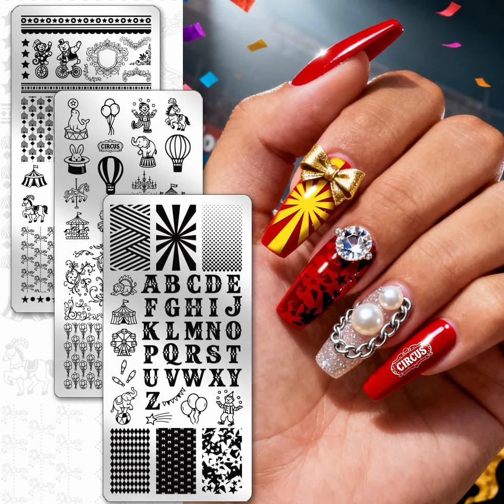 PH PandaHall 3 placas de estampado de uñas de circo, plantillas de arte de uñas de payaso, animal, geométricas
