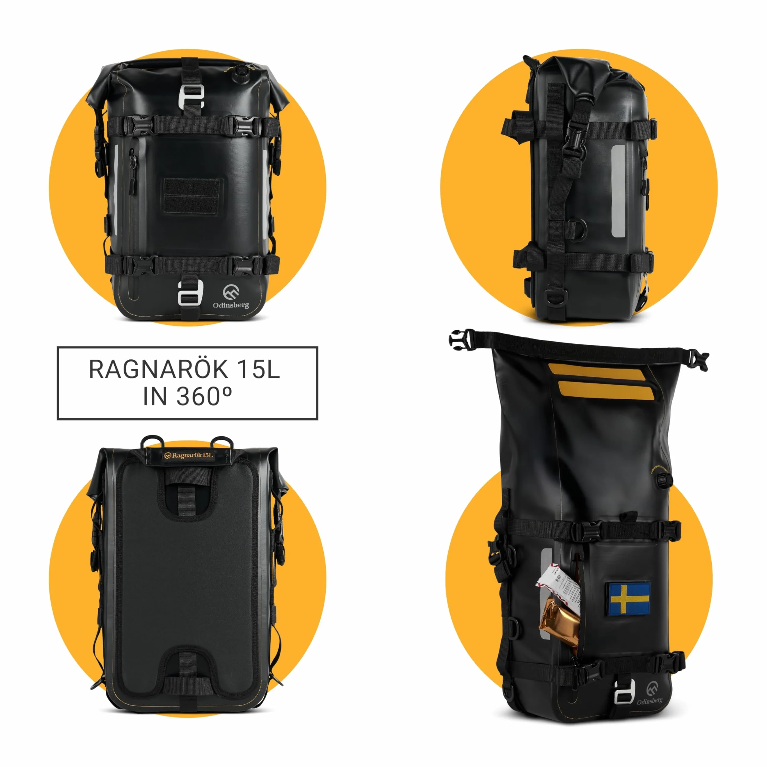 Odinsberg 15L Bolsa Moto Impermeable | Bolsa Estanca Trasera de Colín para Asiento, Barras de Choque y Defensas Laterales | Mochila y Alforja Moto Trail Enduro para Viajes, Equipaje y Aventura