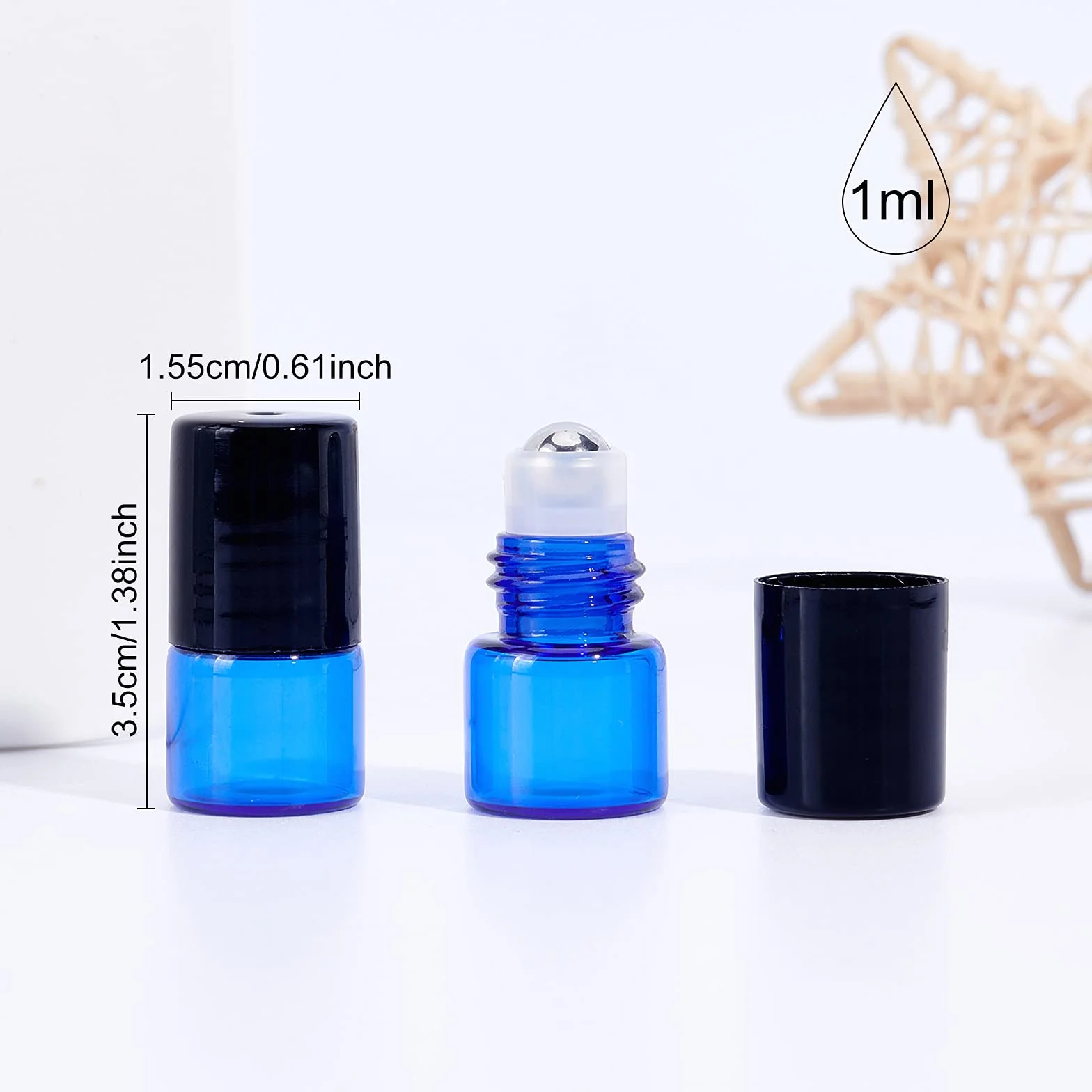 BENECREAT 30 Pack 1ml Azul Botellas Roll-on de Vidrio con Bolas de Rodillos de Acero Inoxidable para Aceites Esenciales