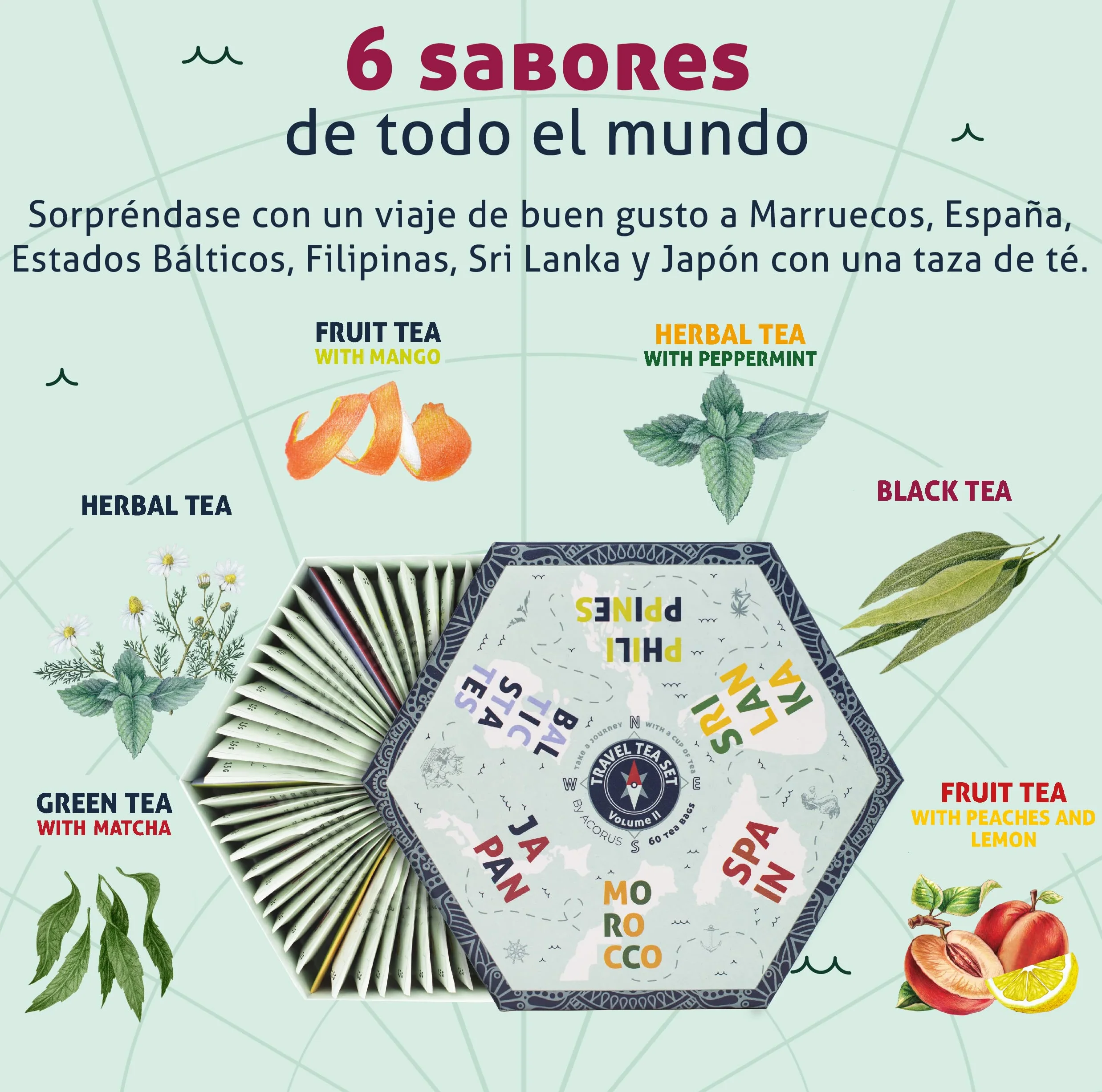 ACORUS Surtido de Te de Viaje vol. II Caja Regalo 6 Sabores 60 Bolsitas