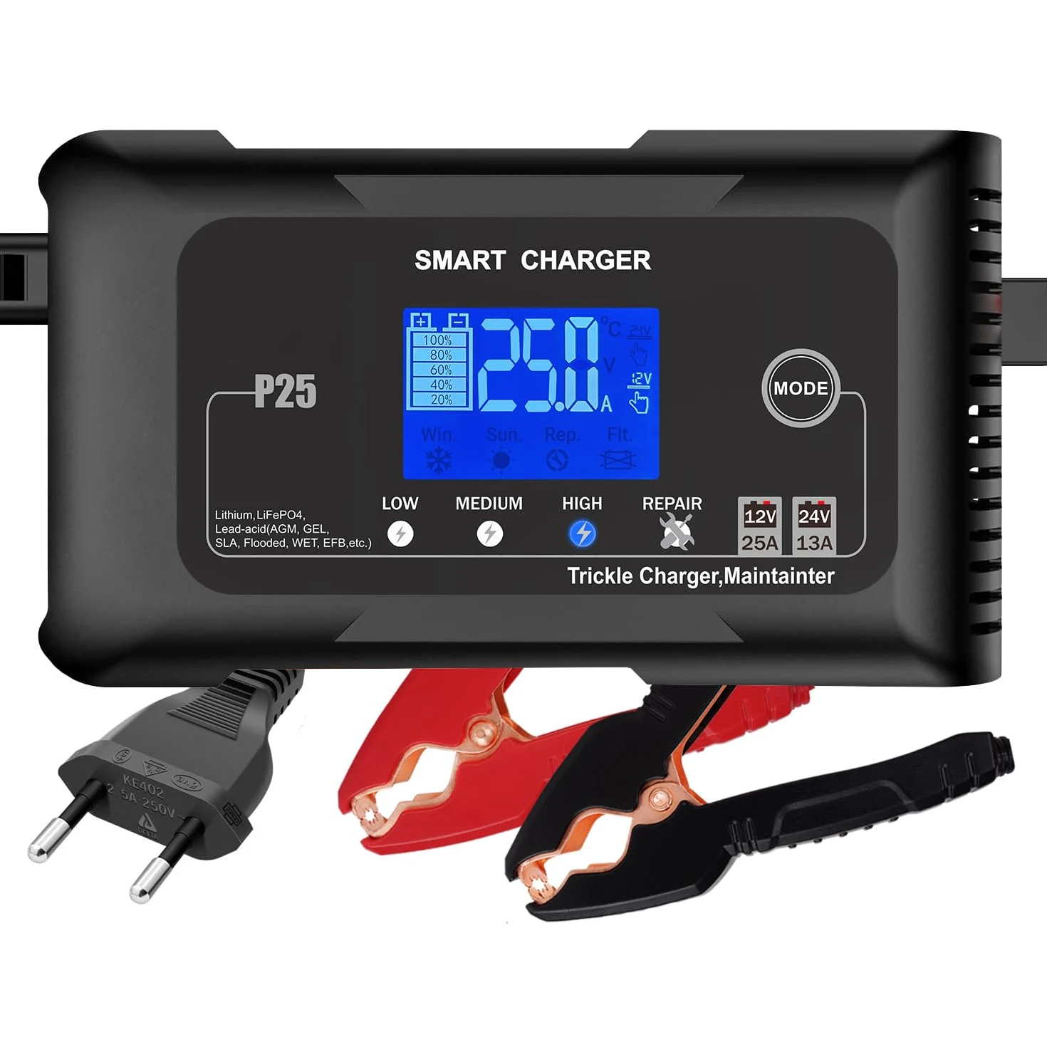 Haisito Cargador de batería de coche de 25 A, 12 V, 24 V, 25 A, cargador de mantenimiento y dispositivo de desulfuración, adecuado para litio, LiFePO4, ácido de plomo (AGM, gel, EFB, MF), motocicletas