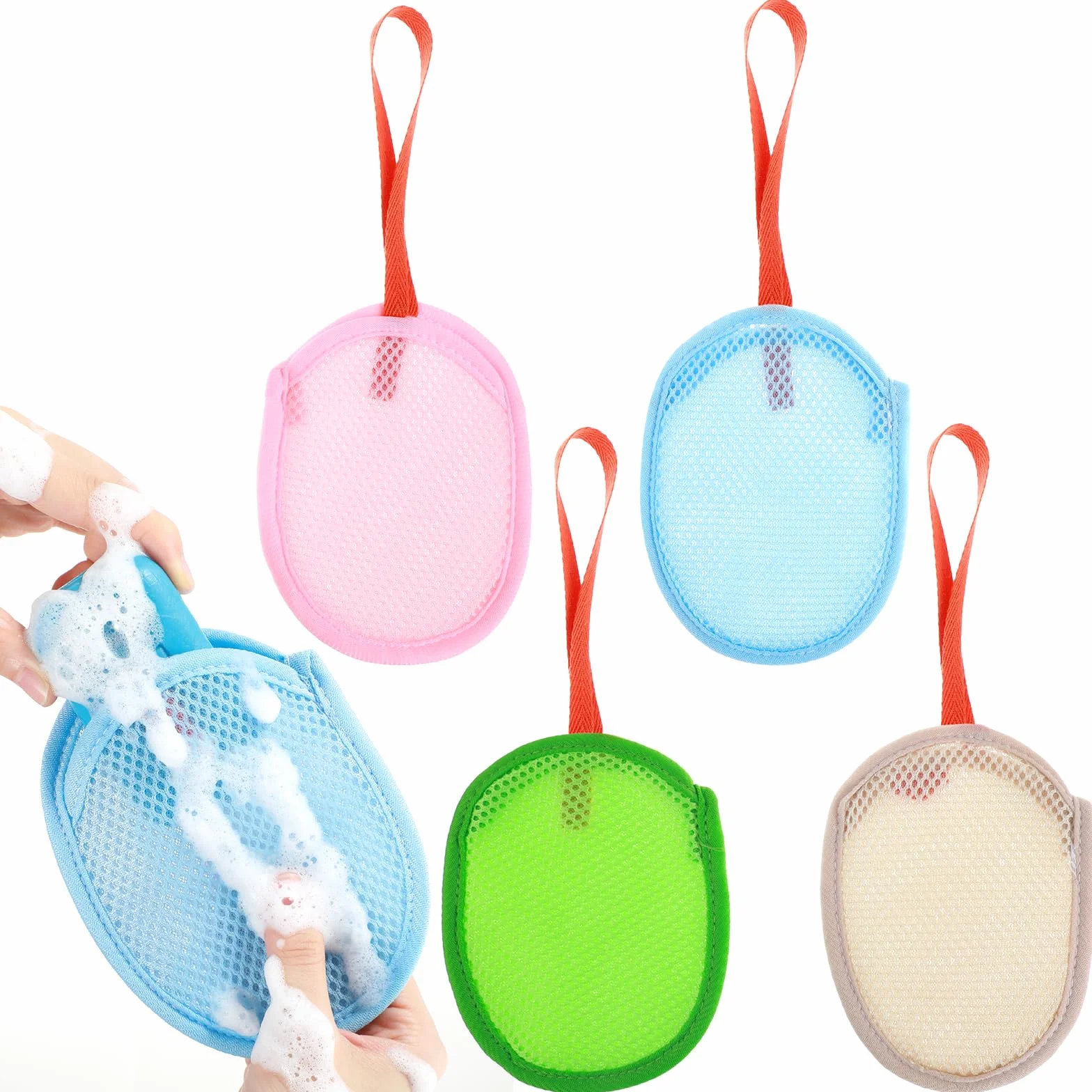 Bolsas de jabón de red para limpieza corporal, exfoliantes suaves, esponjas de baño con asa (azul, rosa, verde, caqui)