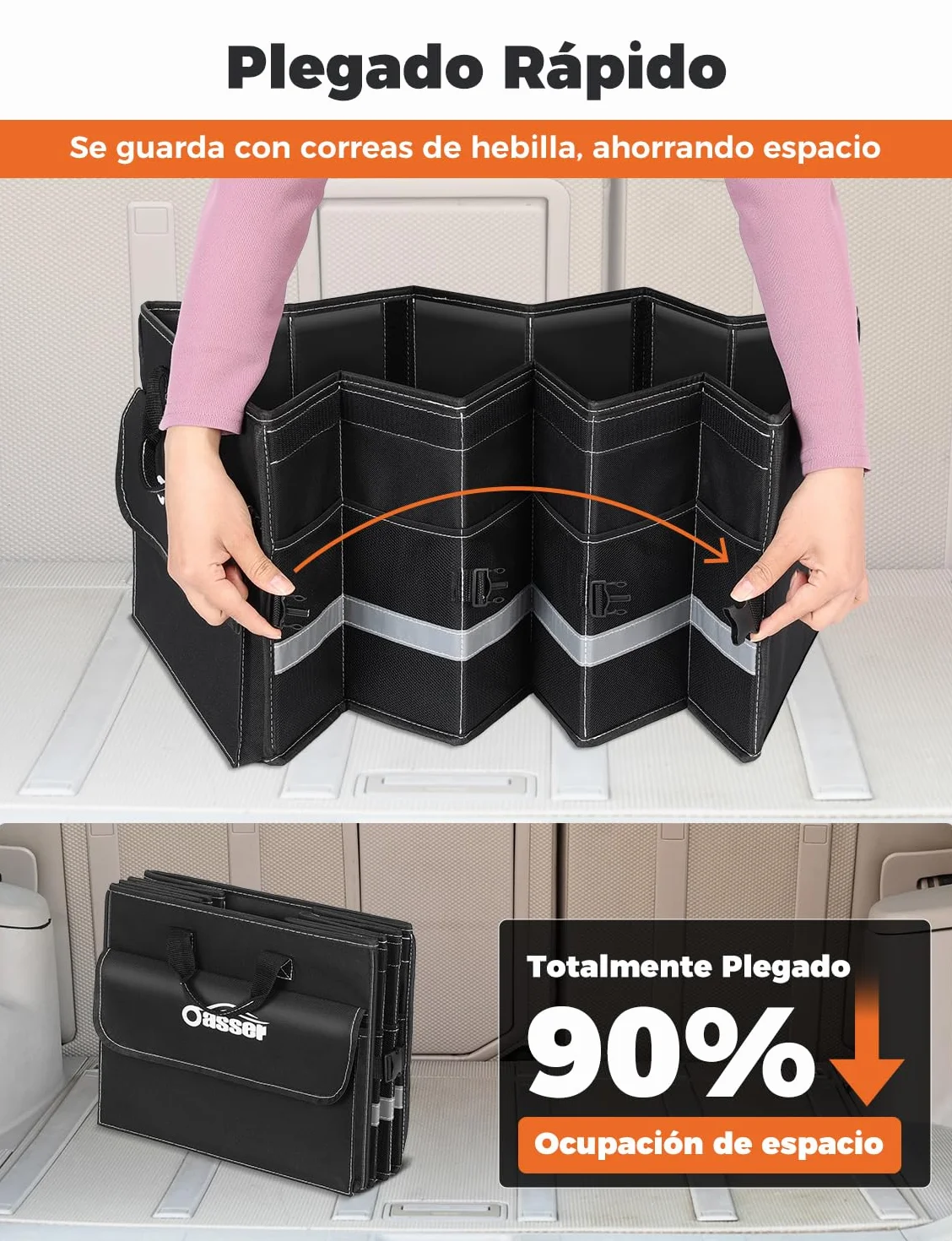 Oasser Organizador Maletero Coche 75L Grande 3 Compartimentos Tapa Desmontable Plegable Antideslizante 1 Bolsillo Grande 6 Bolsas Laterales Malla