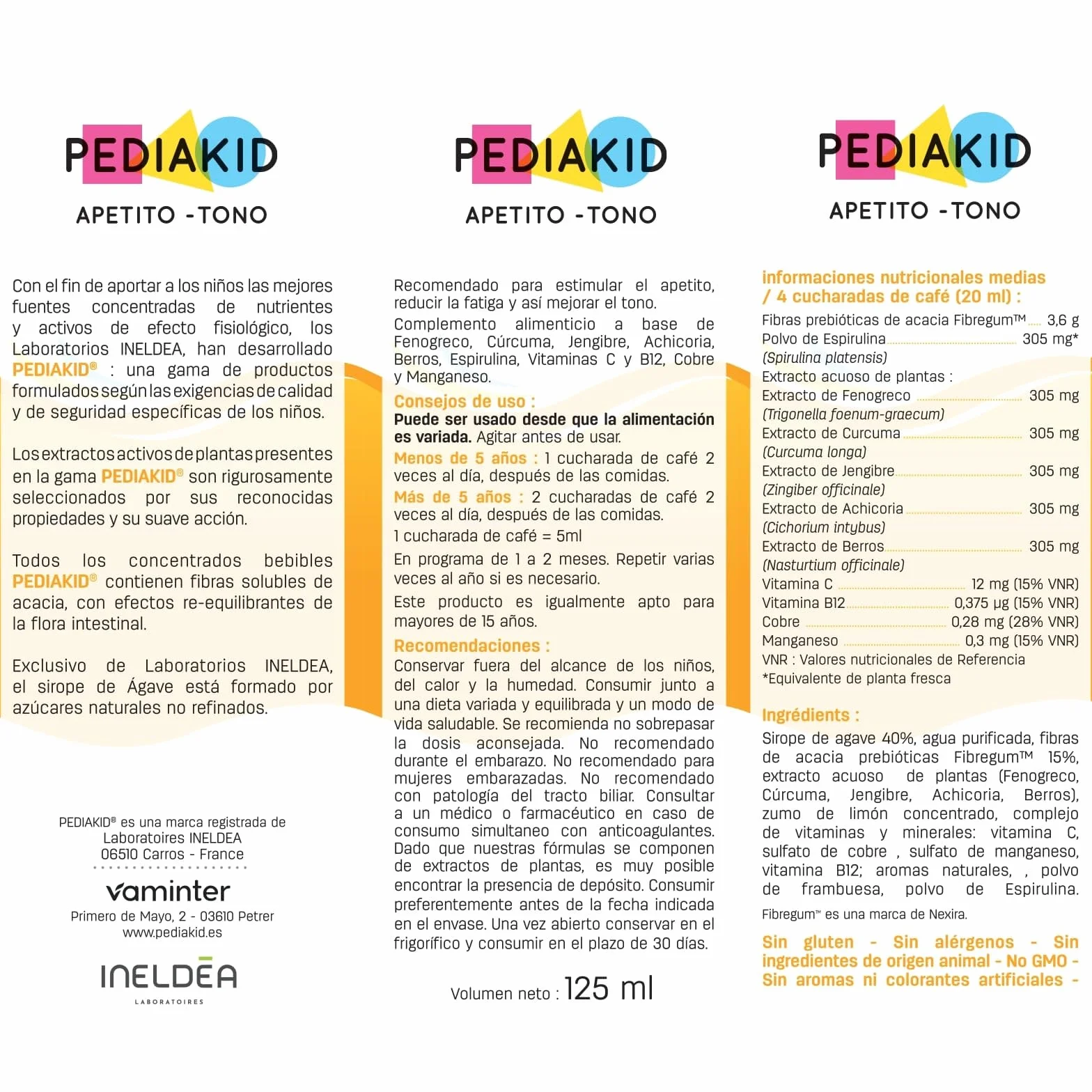 PEDIAKID Apetito-Tono Complemento alimenticio Sirope de Agave Estimula el apetito Aumentar peso Aroma Natural Frambuesa 125 ml