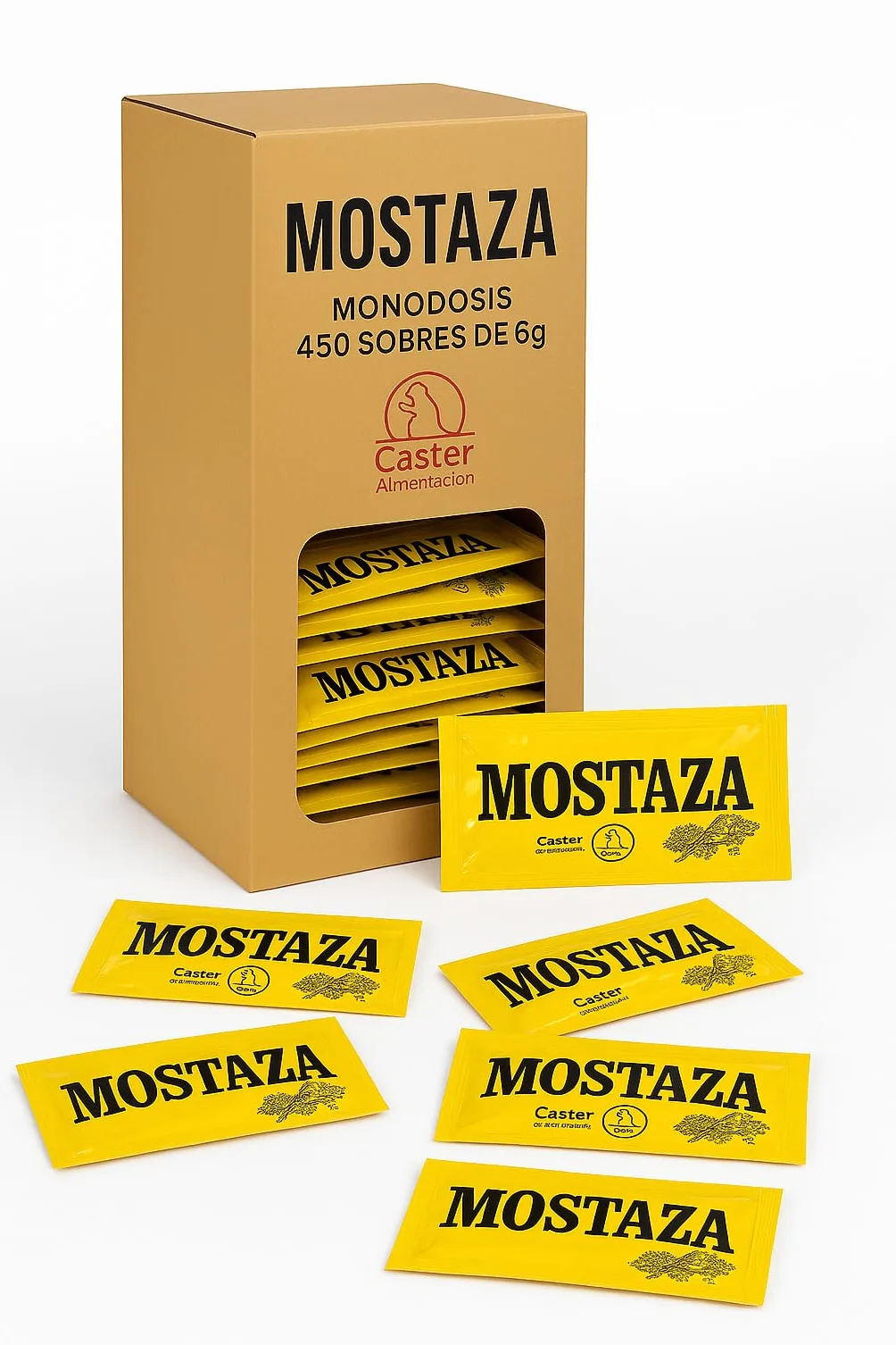 Mostaza Monodosis 6g Caja Dispensadora 450 Sobres Individuales Sabor Equilibrado Semillas de Mostaza Seleccionadas Hostelería Catering