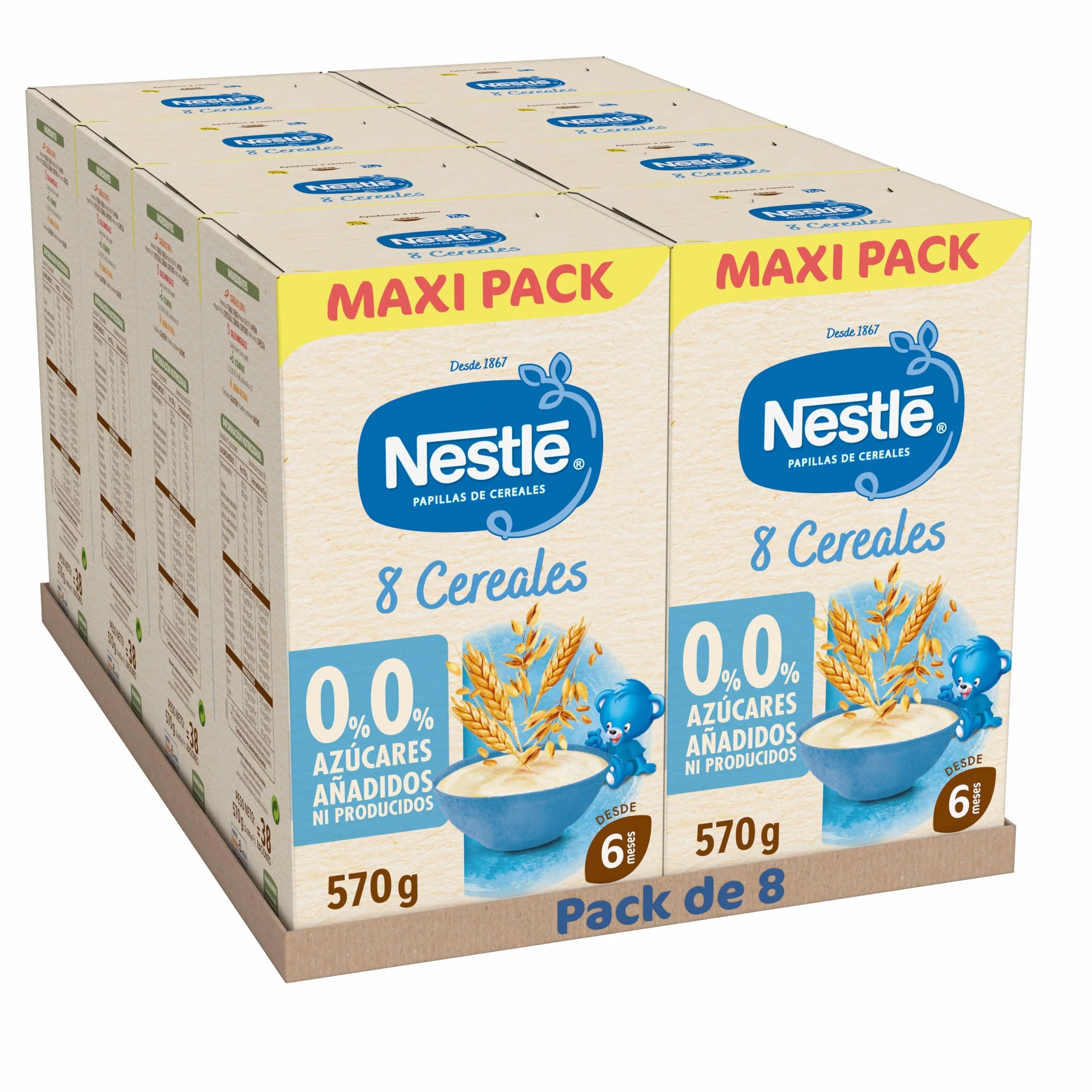 NESTLÉ Papilla 8 Cereales 570g sin azúcares añadidos pack de 8