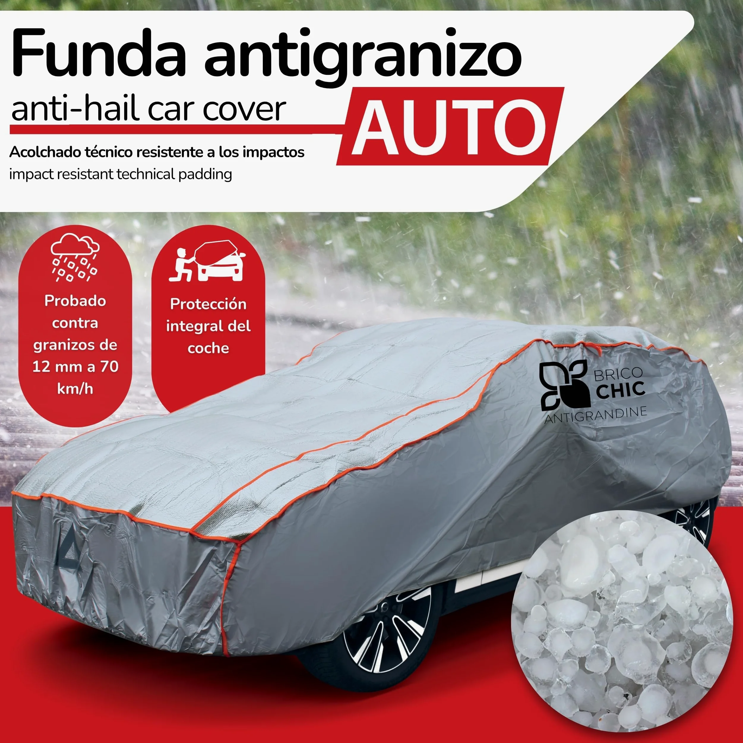 Brico Chic Funda antigranizo para Coche, 480 x 178 x 119 cm, Funda Protectora para Coche y SUV, Anti Granizo, Anti UV, Impermeable, Resistente, Exterior, 4 Estaciones, Talla L