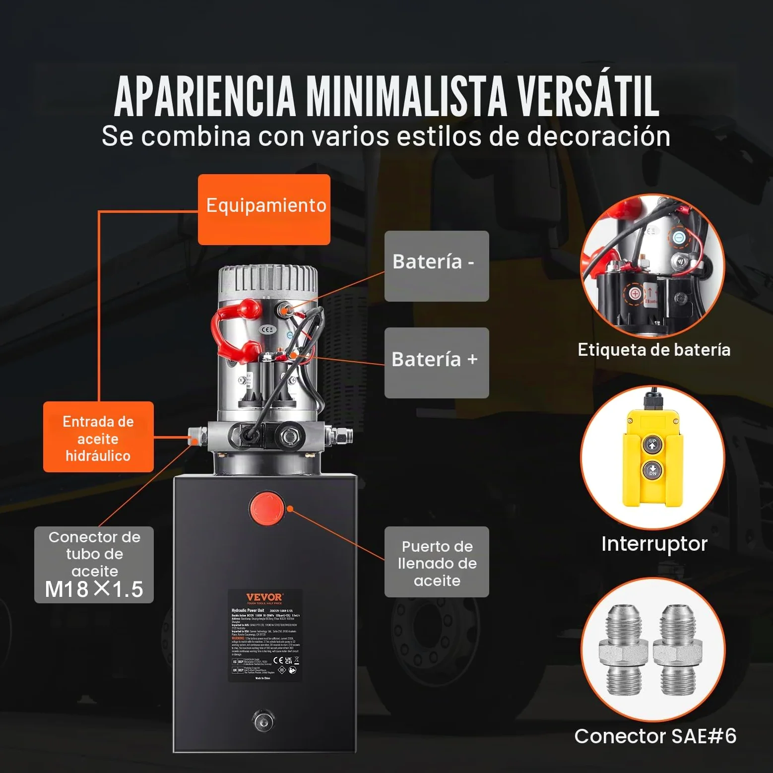 VEVOR Bomba Hidráulica DC 12 V 11 L Unidad Hidráulica de Acción Única Flujo de Aceite 3,44 L/min Presión Máxima de Descarga 22 MPa para Volquete, Plataforma Elevadora, Remolque, Elevación y Descarga