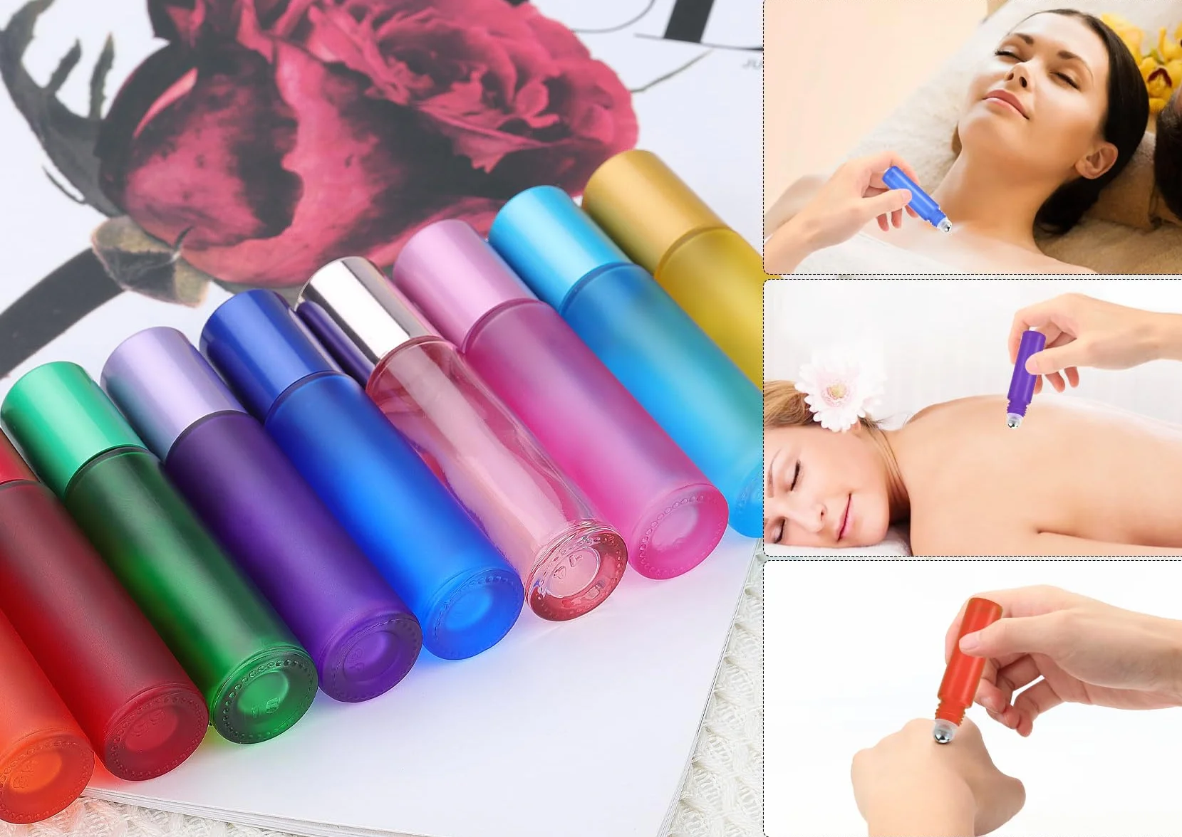 Juego de 9 botellas de cristal de 10 ml para aceite esencial con rodillo de acero inoxidable