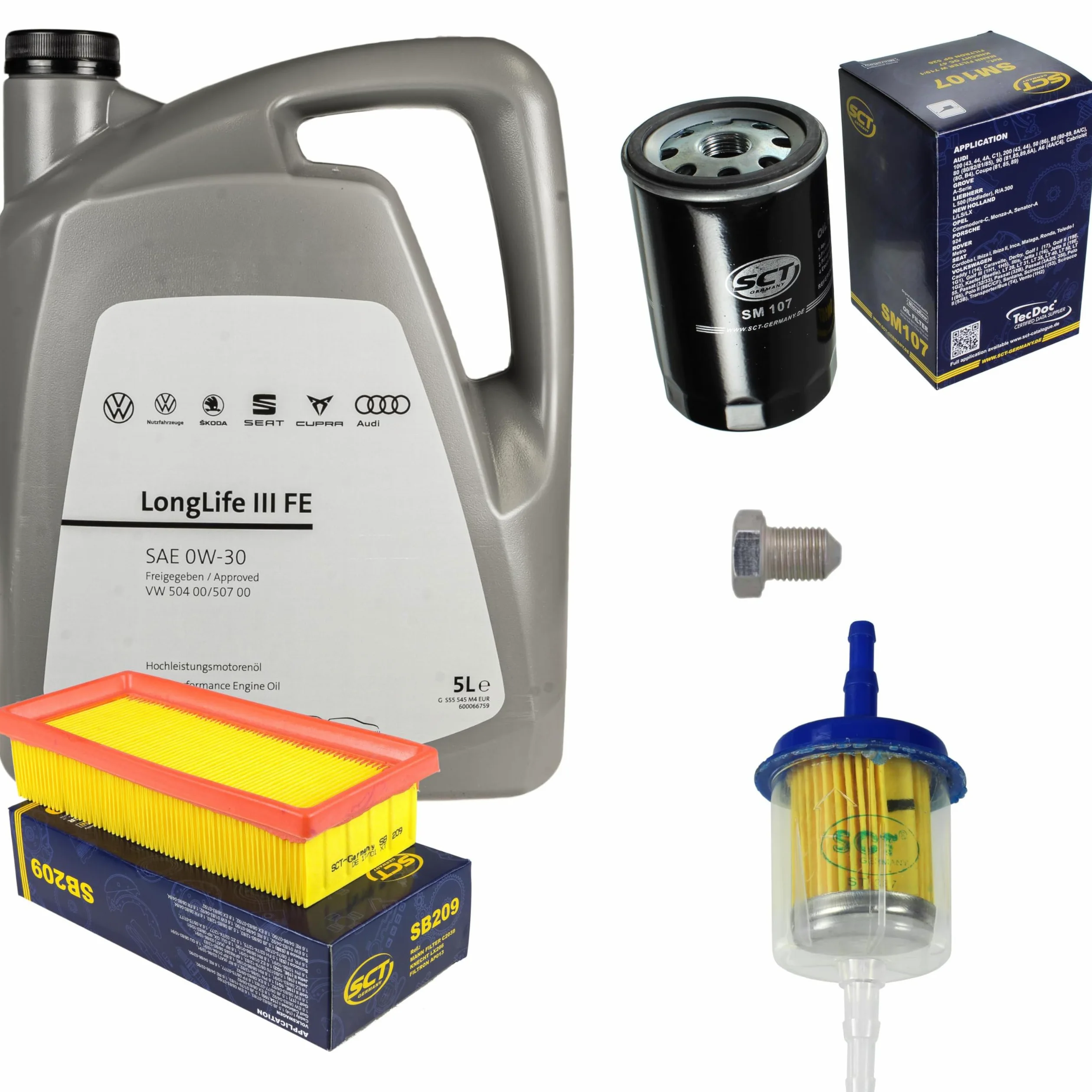 Paquete de inspección Kit de mantenimiento con 5 L 0W-30 aceite de motor LongLife 3 FE, filtro de aceite, filtro de aire, filtro de combustible, tapón de drenaje de aceite