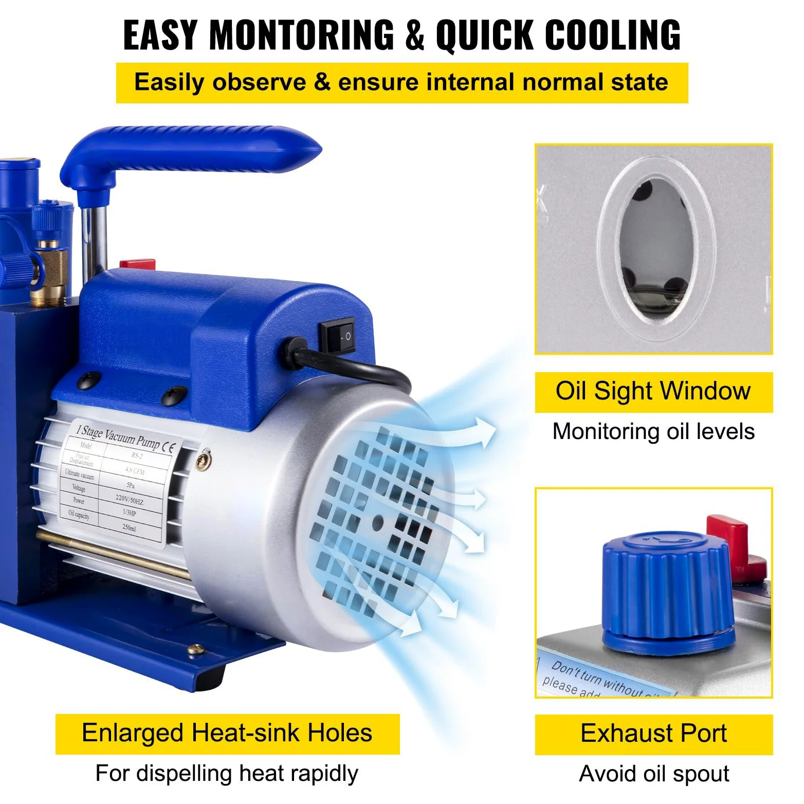 Bomba de Vacío para Climatización, Kit de Bomba de Vacío para R12, R22, R502, R410A, R134A, Bomba de Vacío Ideal para HVAC, Climatización Auto, Desgasificación (4,8 m³/h - 1/3 CV)