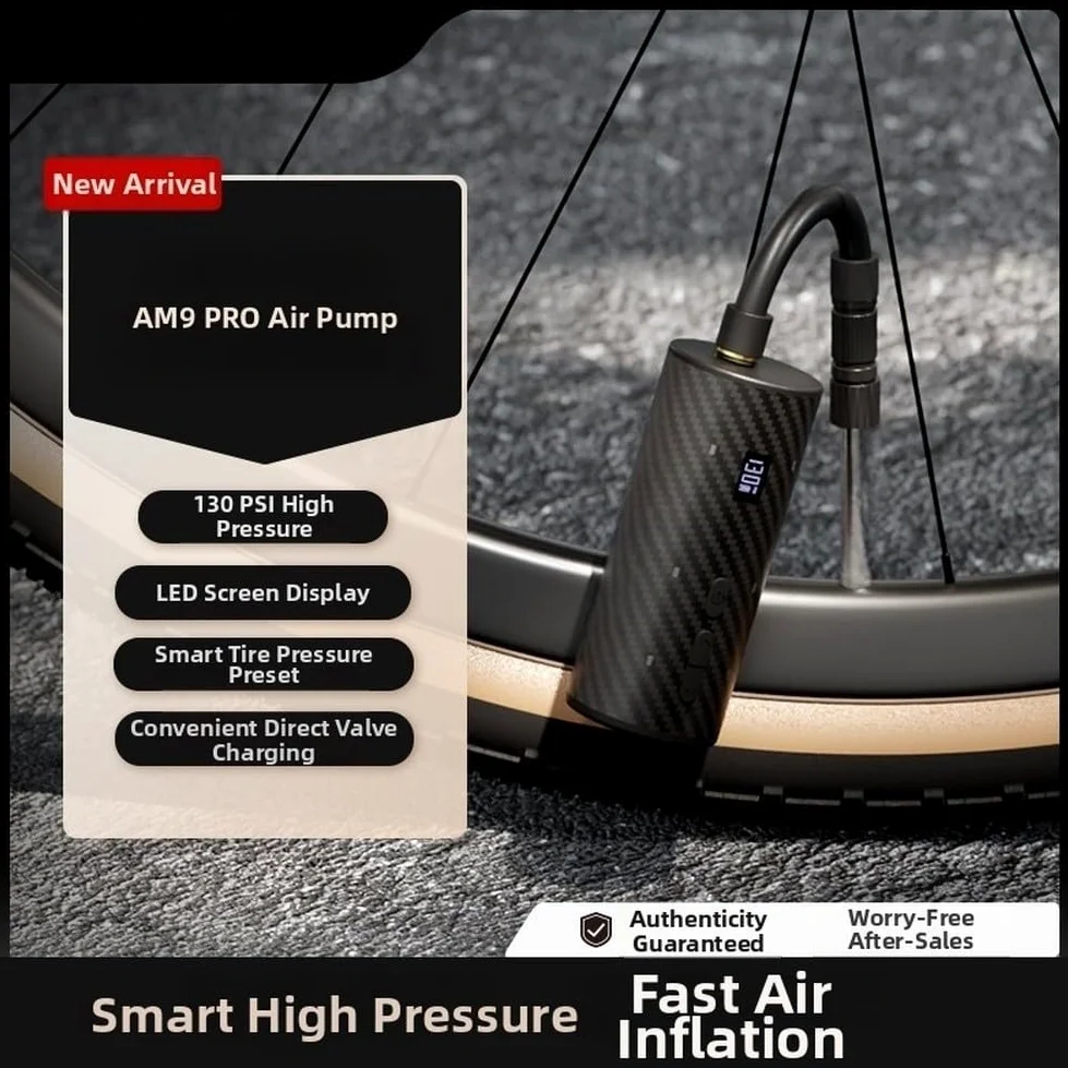 AM9PRO - Bomba eléctrica para bicicleta, para mini bomba de aire con pantalla LED, alta presión de 130 PSI, luz trasera, para válvula Presta, diseño compacto de fibra de carbono