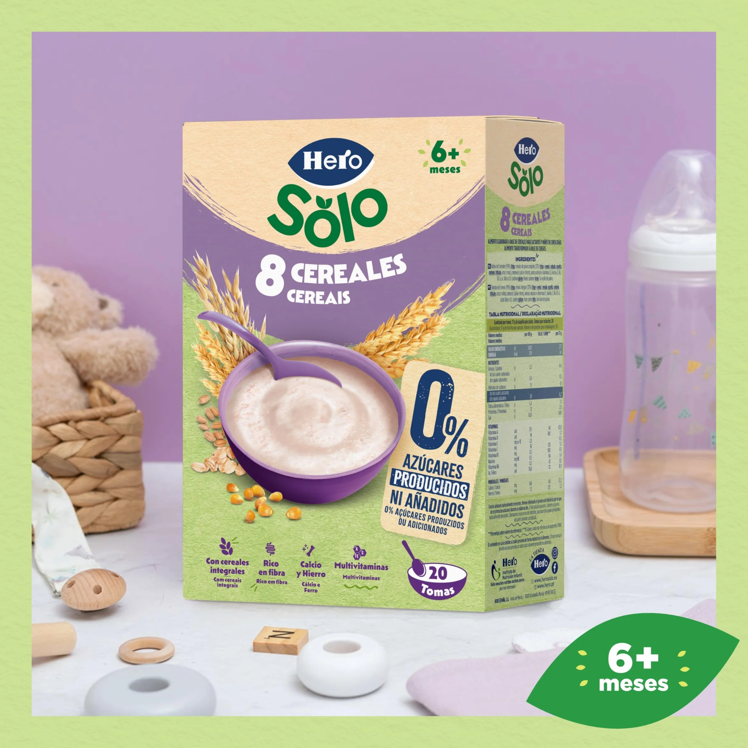 Hero Solo Papilla 8 Cereales Sin Azúcares Añadidos para Bebés a partir de 6 meses
