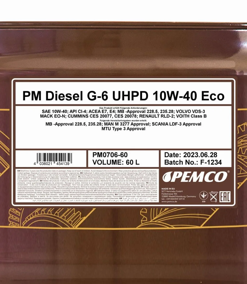 PEMCO Aceite de motor 10W-40 Truck UHPD Aceite sintetico ACEA E7 ACEA E4 API CI-4 API SL DIESEL G-6 Eco 60L Compatible con MERCEDES-BENZ Clase C T-modell S204 Clase E T-modell S212 Clase E Sedán W212