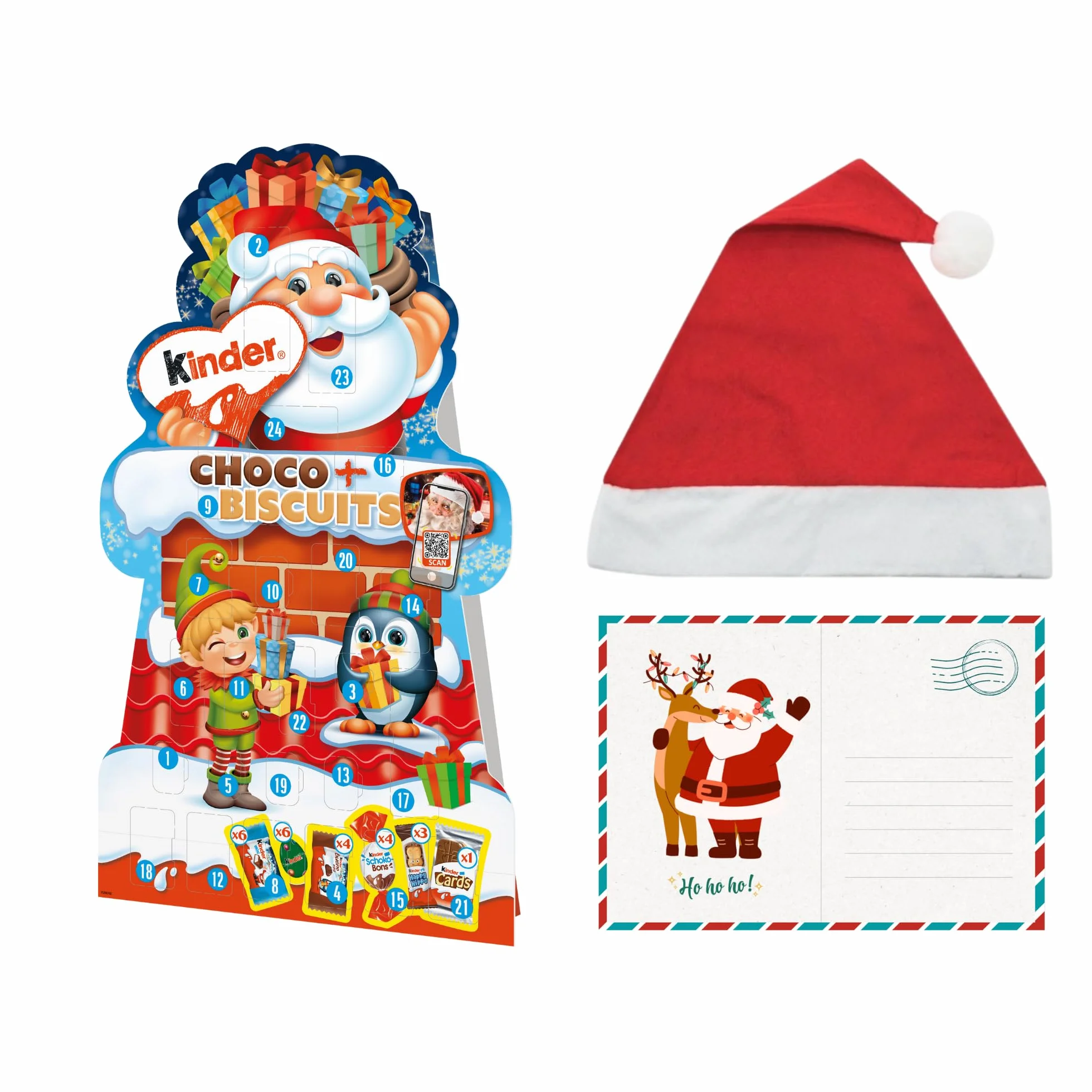 Kinder Biscuits Calendario de Adviento con Chocolates, Postal Navideña, Gorro de Papá Noel, Edición Especial Navidad