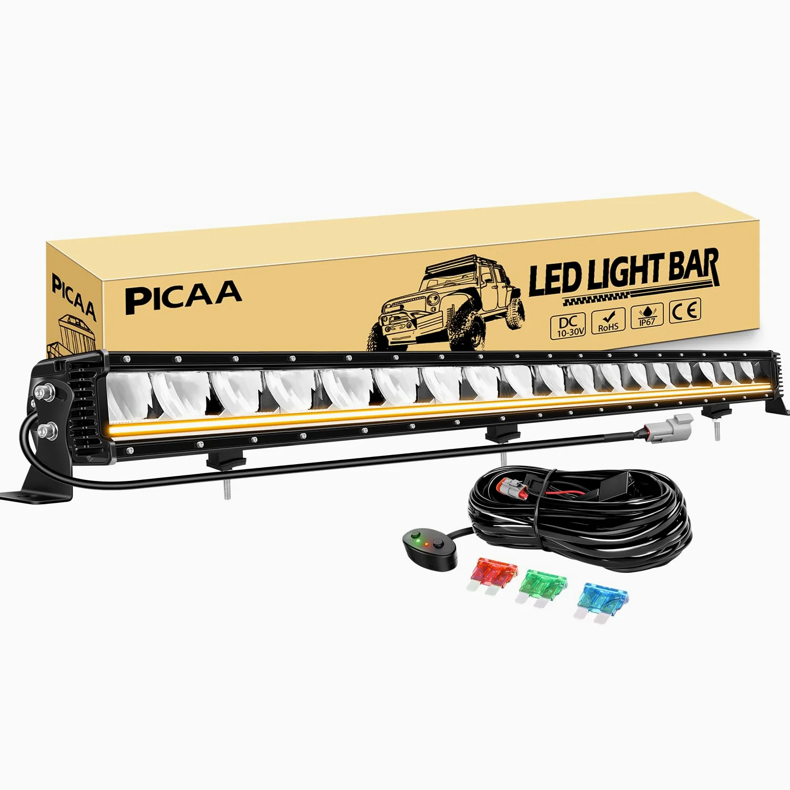 PICAA Barre LED, 34 Pulgadas 87cm 120W Spot Flood combo Barra de luz LED, Luz Diurna Ámbar (DRL), con Kit de Cableado 12V para SUV, Todoterreno, ATV, UTV, tractor, 4x4, coche