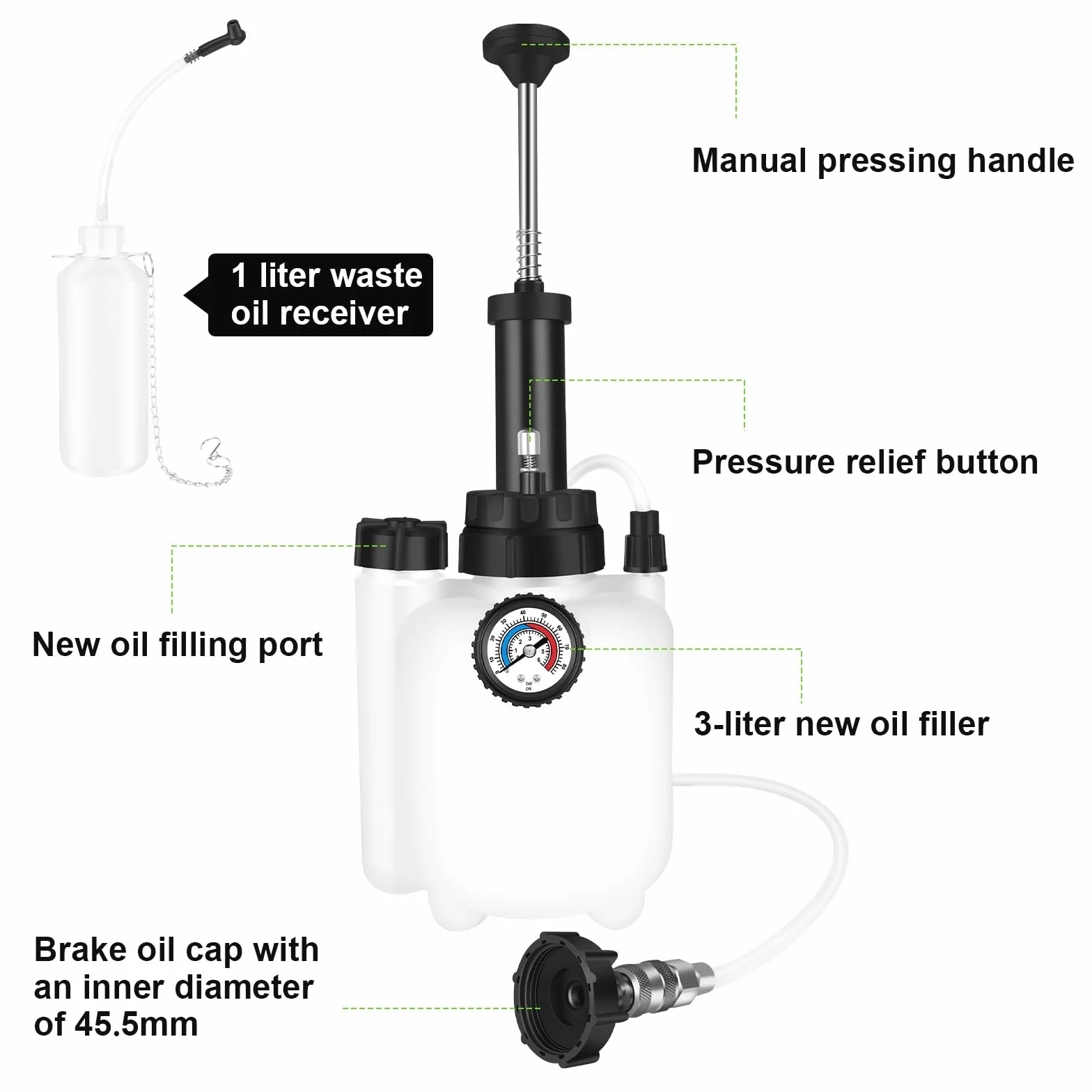 ASUNCELL 3L Auto Freno Purga, Manual Freno Fuid Presión Purgador Botella, Profesional Un Hombre Coche Freno Kit, Adaptador para la mayoría de los Modelos Europeos