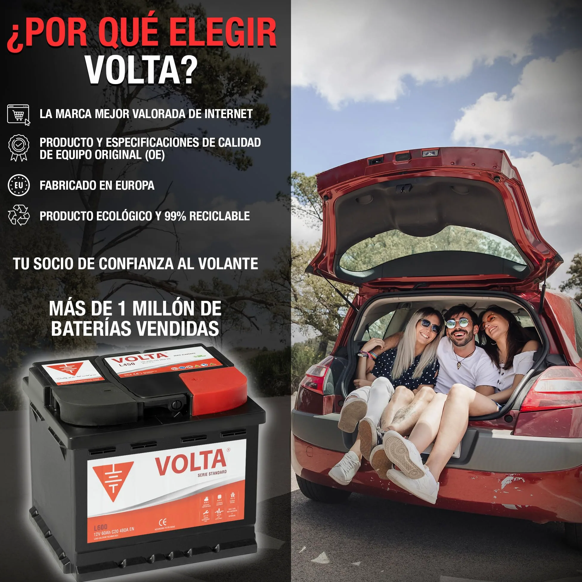 Batería De Coche 60Ah 480A EN Standard Volta L600D, bateria de automóvil de turismo, Plomo-Calcio, Batería 60Ah - Borne +Dcha - Medidas 242 x 175 x 190mm con 2 años de Garantía - Fabricación Europea