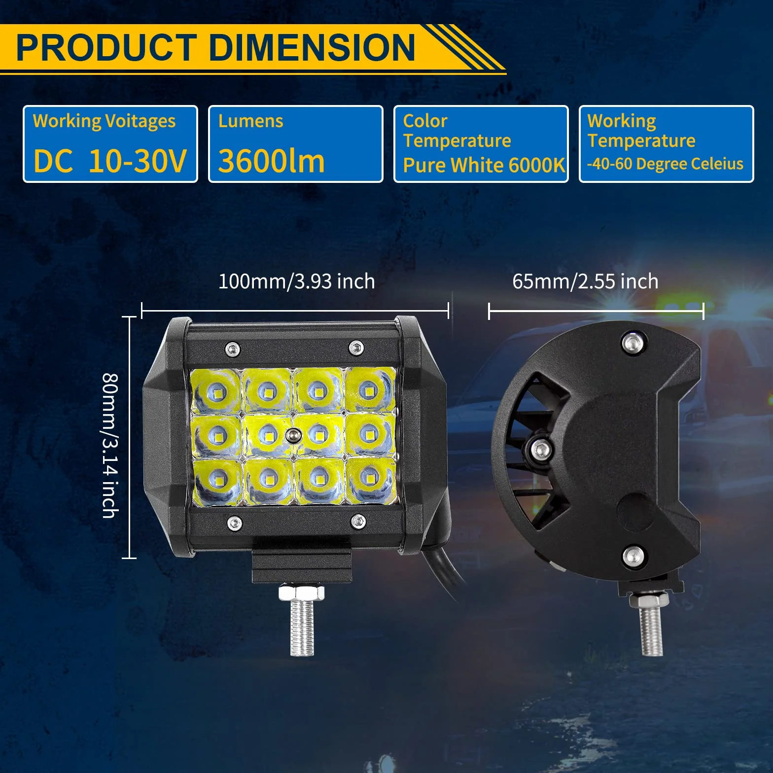 Willpower 2 barras de luz LED de trabajo de 36 W de 4 pulgadas, 12 V, 24 V, focos LED, impermeables, triple fila, luces de conducción todoterreno, lámparas de trabajo antiniebla para camión, tractor
