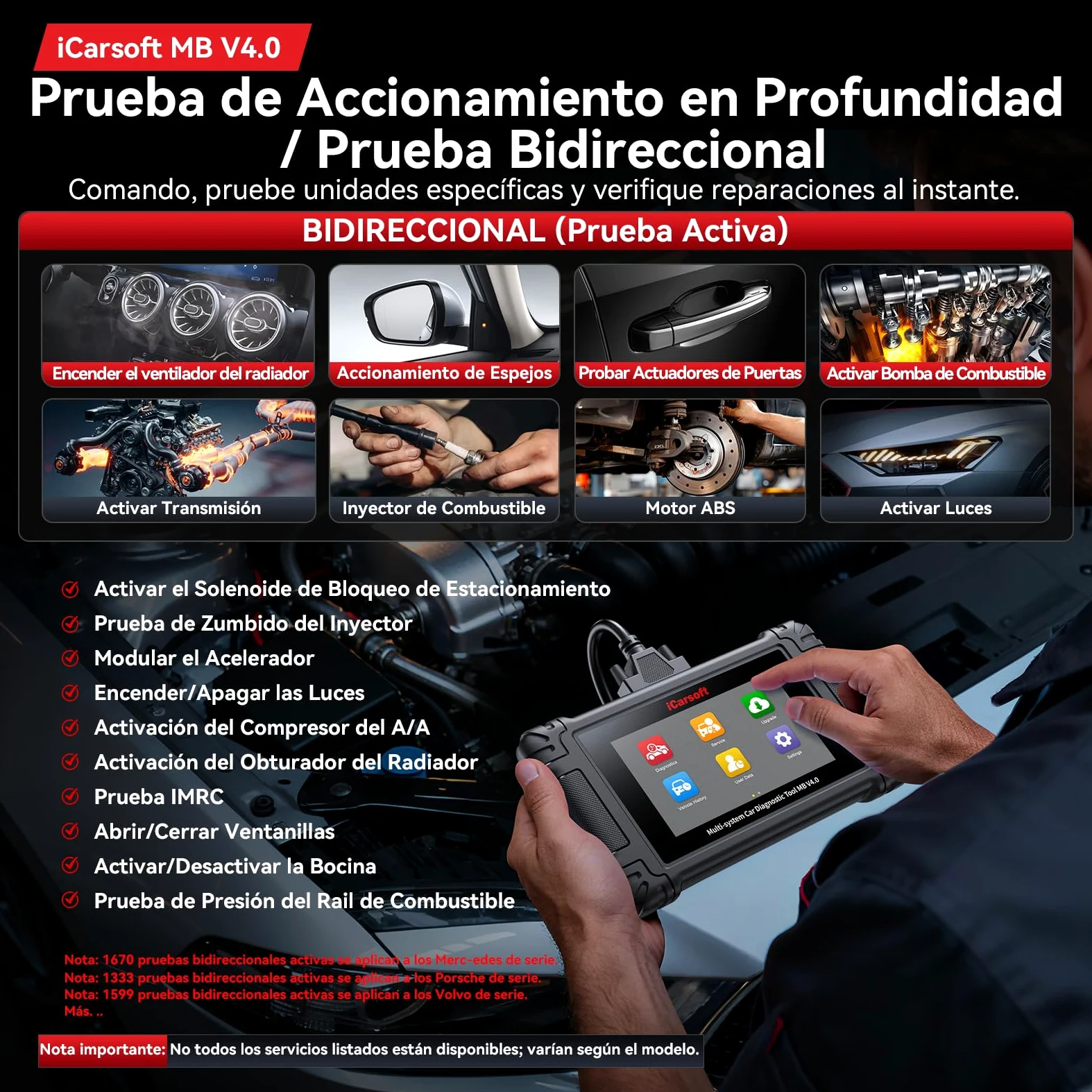 iCarsoft MB V4.0 Instrumento de Diagnóstico Bidireccional para Be.NZ/Sprinter/Smart + 2 Marcas Opcionales, Escáner OBD2 Completo del Sistema con 38 Servicios para Merce.Des, Prueba Activa, Auto Vin