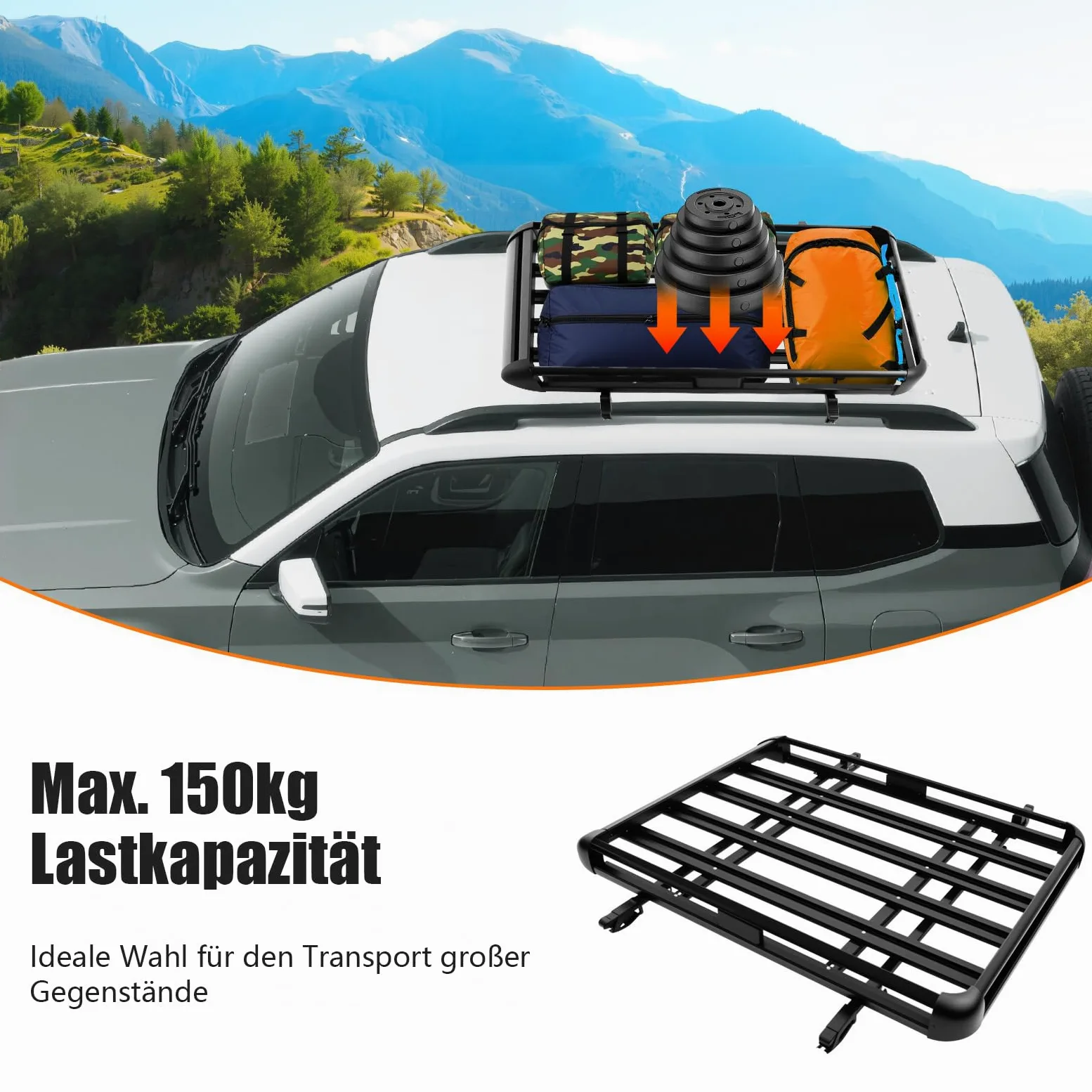 Portaequipajes universal para coche, cesta de techo de aluminio, capacidad de carga de 150 kg, color negro, ancho ajustable para modelos SUV. Barras de techo de 140 cm. Portaequipajes para