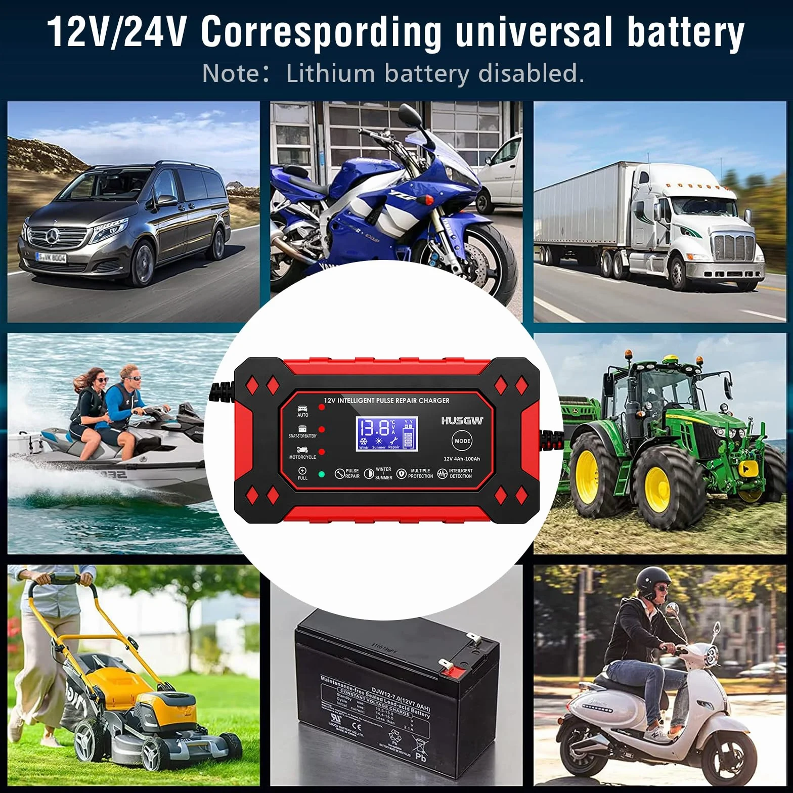 12V6A Cargador de Batería de Coche,Cargador de Batería Inteligente con Pantalla LCD, Múltiples Funciones de Protección,paraAutomóviles,Moto,Camión,AGM,Gel,SLA (2Ah-100Ah)