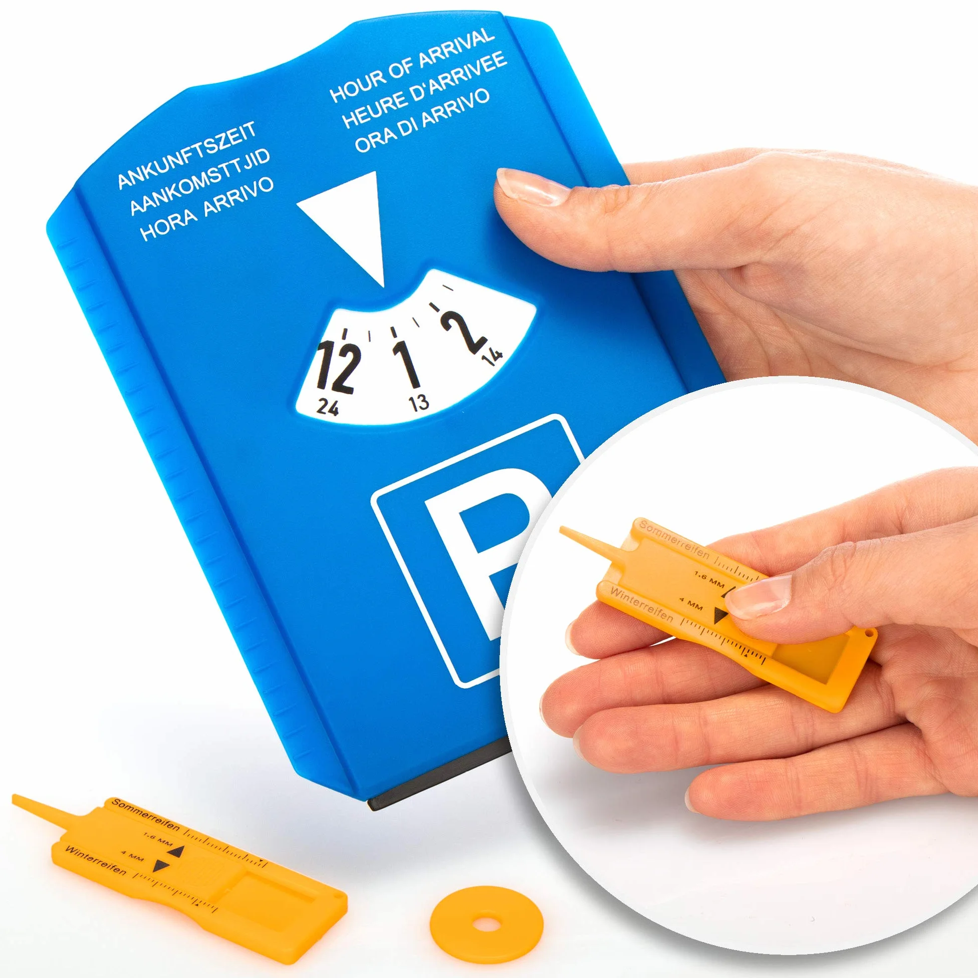 com-four® 2X Disco de Aparcamiento con Raspador de Hielo, Borde de Goma, Chip para Carro de Compra y Medidor Perfil Neumático - Parquímetro de Plástico (02 Piezas - con Chip + Cuchillo perfilado)